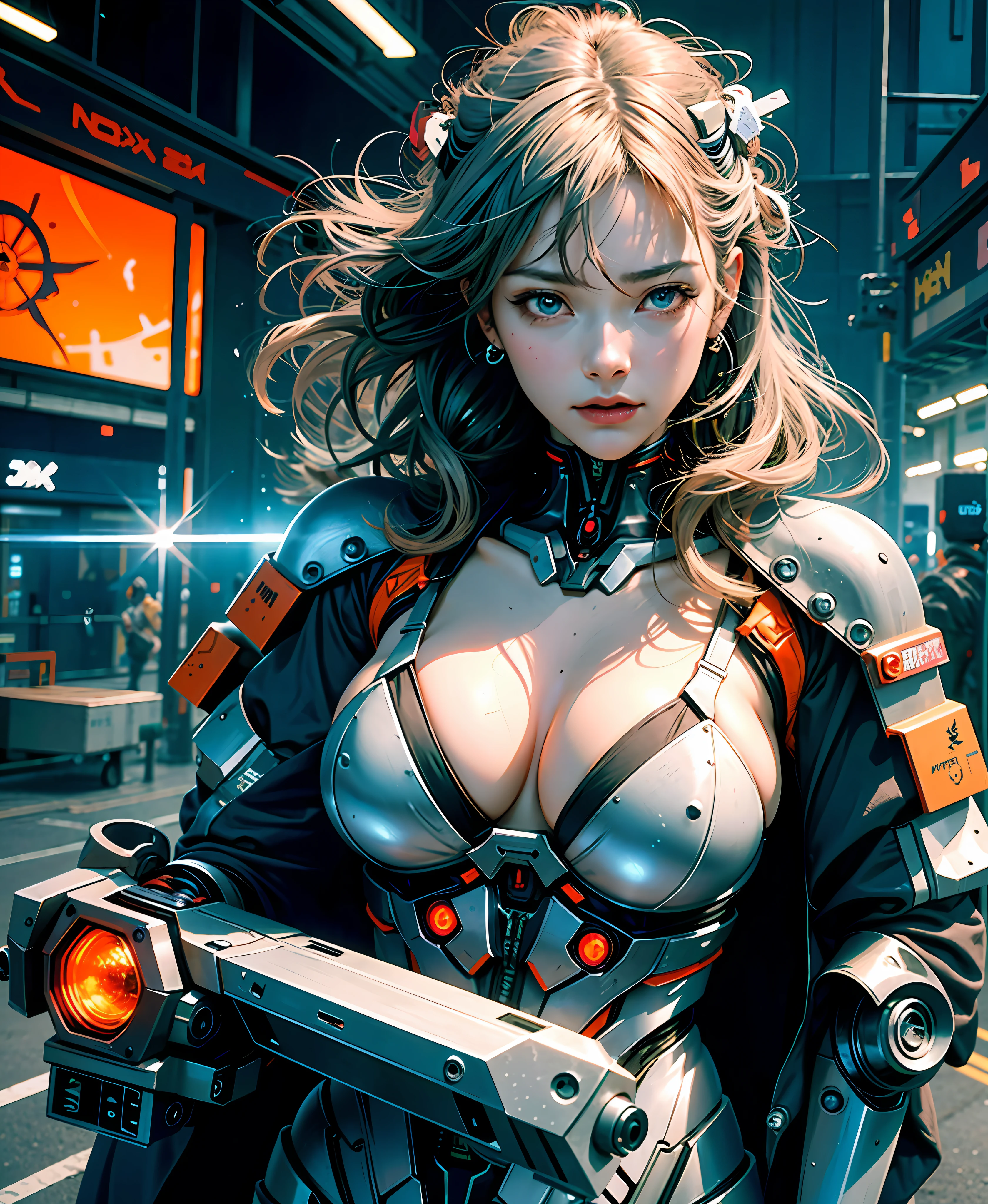 Evangelion girl, big, face and breasts raw, cleavage visible. Photorealistic, Portfolio, Gundam-style metal mech suit, cyberpunk, metallic, detailed mecha parts, bunch of thin tubes, metal cylinder, detailed neon, fine LED, gray hair, long fluttering hair, strong wind, orange eyes, shining eyes,