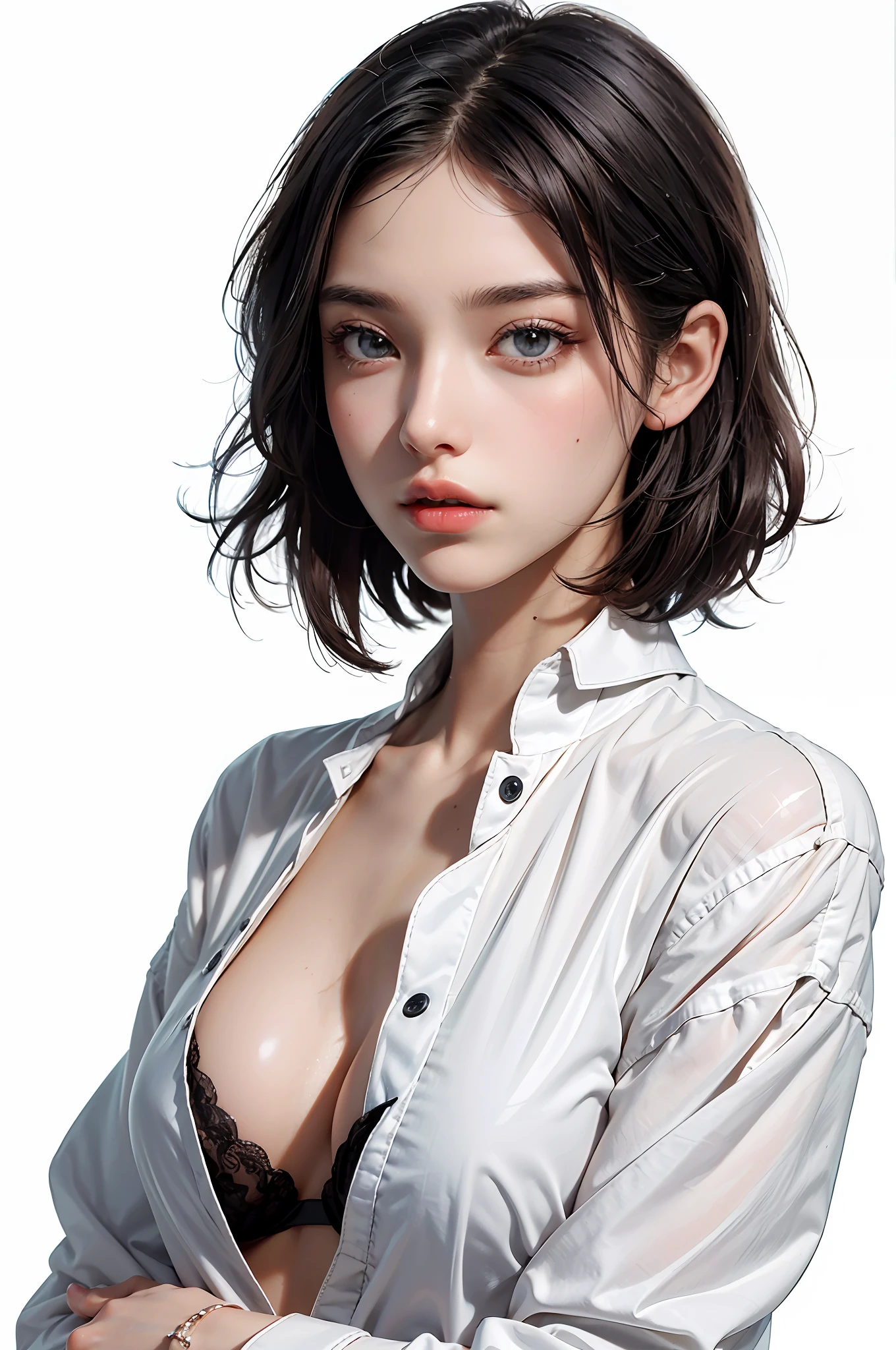 Top Quality, White Skin, Real Human Skin, (Detailed), Oval Face, Pore, Ultra High Resolution, (8k, RAW Photography, Photorealistic: 1.4), One Woman, Slim, (Gentle and Goddess-like Eyes) Happiness: 1.2), (Lip Gloss, Eyelashes, Distinct Double, Clear Eyes, Gloss Face, Best Quality, Ultra High Definition, Wide Lighting, Natural Shading) , Oversized Jacket, Fashion Shirt, White Background, Light Background, , Gloss on Chest, Glossy Skin, Glossy Skin, Short Bob Hair