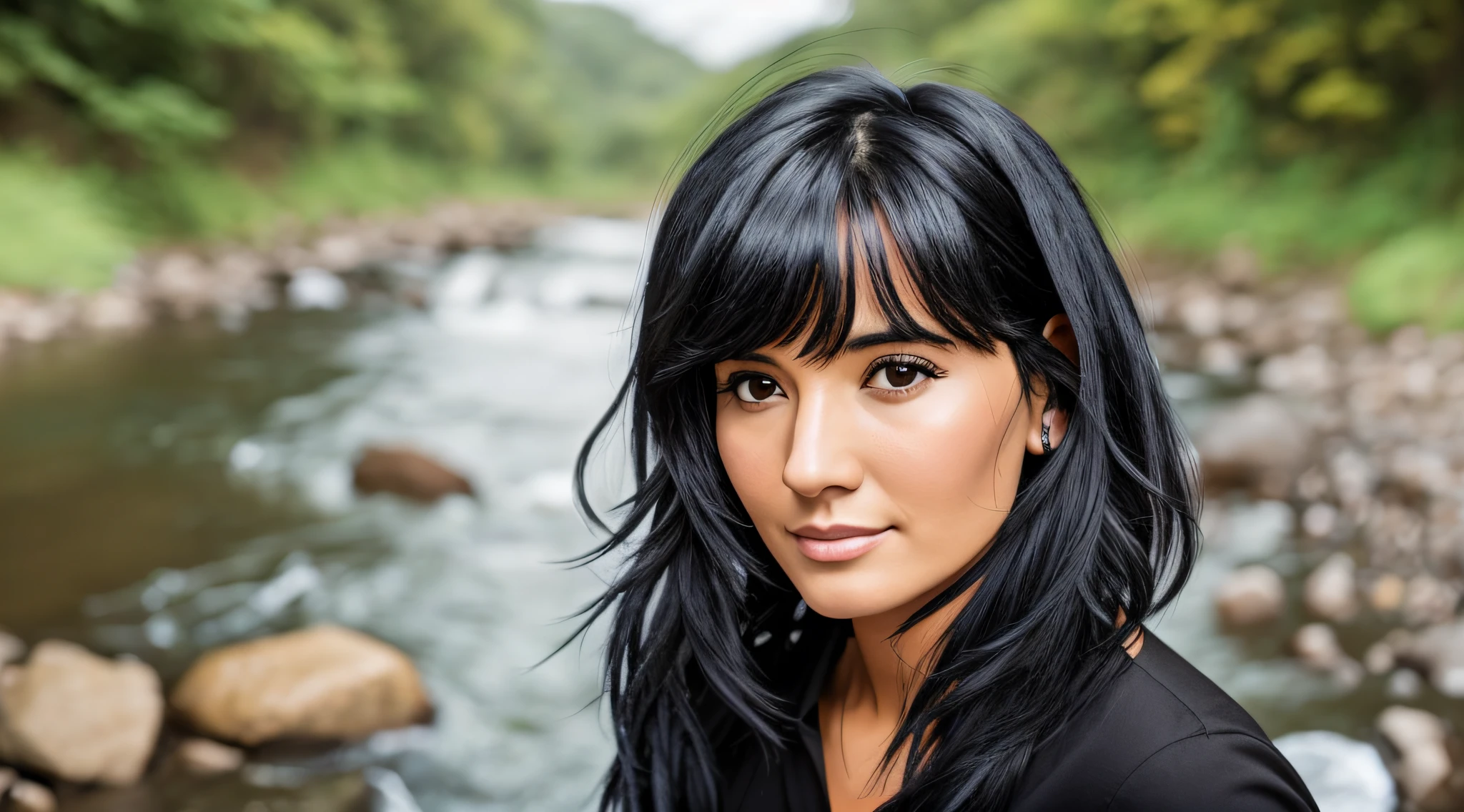 30-year-old woman with black hair near a river --auto --s2