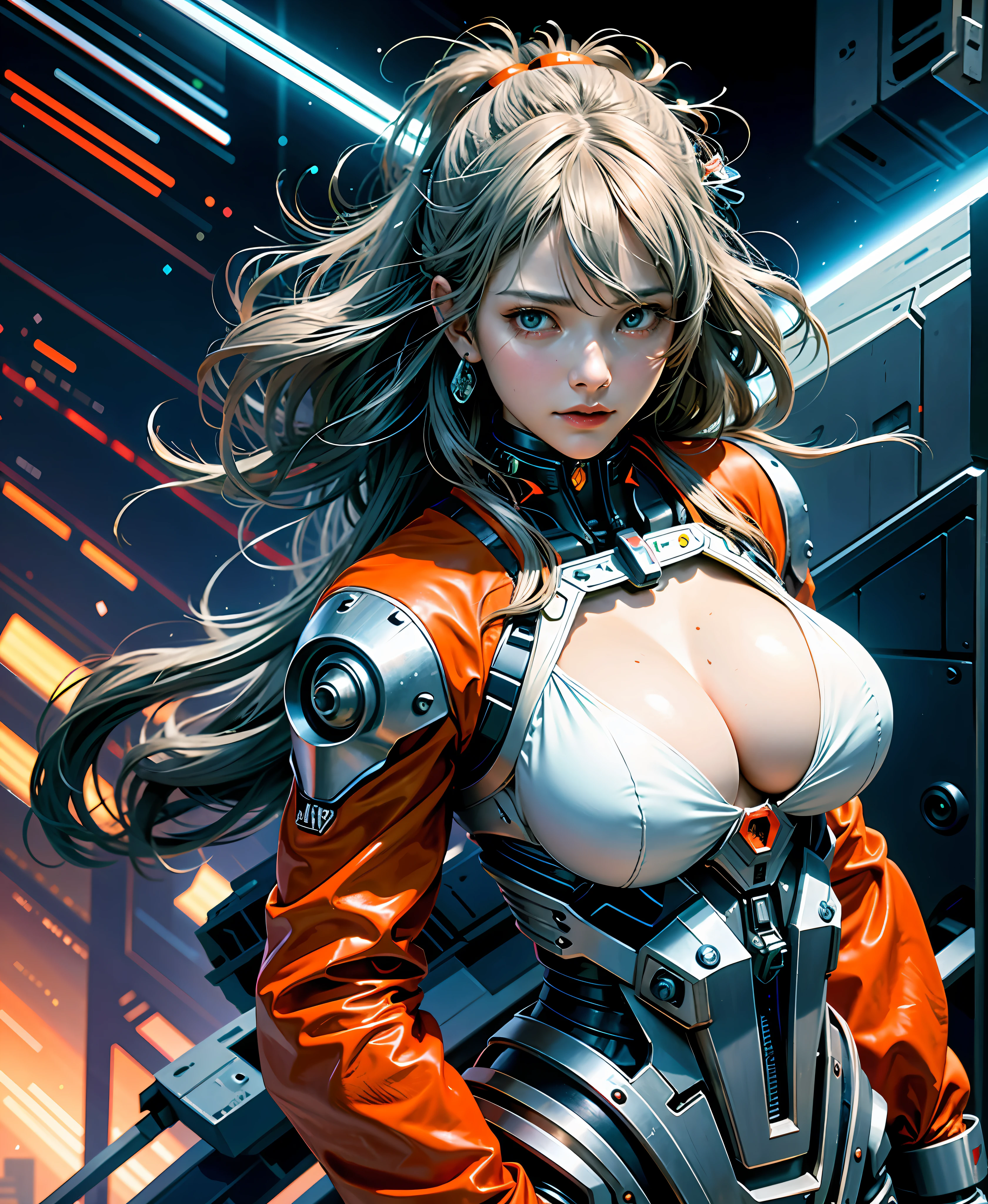 Evangelion girl, big, face and breasts raw, cleavage visible. Photorealistic, Portfolio, Gundam-style metal mech suit, cyberpunk, metallic, detailed mecha parts, bunch of thin tubes, metal cylinder, detailed neon, fine LED, gray hair, long fluttering hair, strong wind, orange eyes, shining eyes,