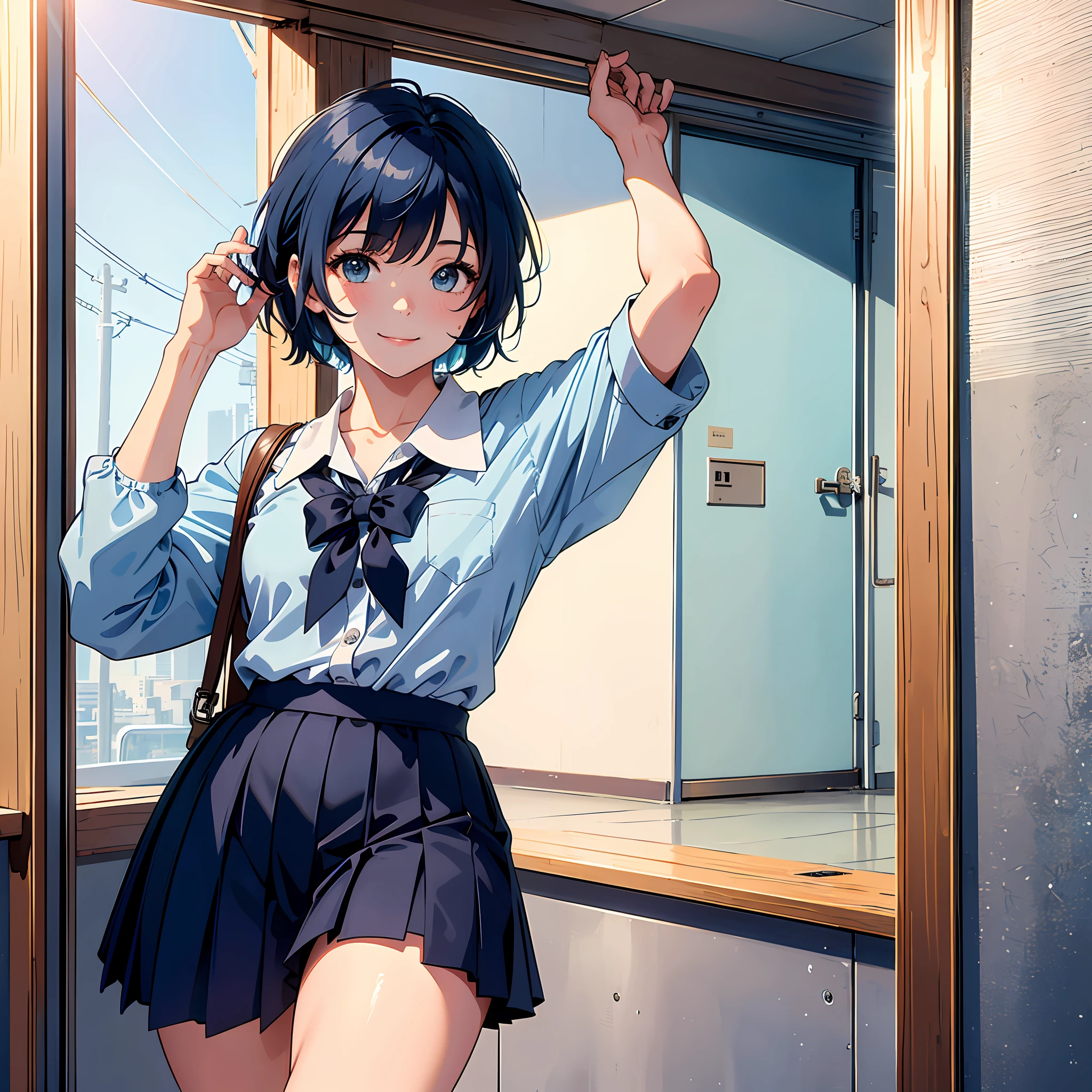 Ultra high resolution, 16k, ((masterpiece)), ((best quality))), ((super detailed)), upper body shot, a girl, short blue hair, smile, high school uniform, in school hallway