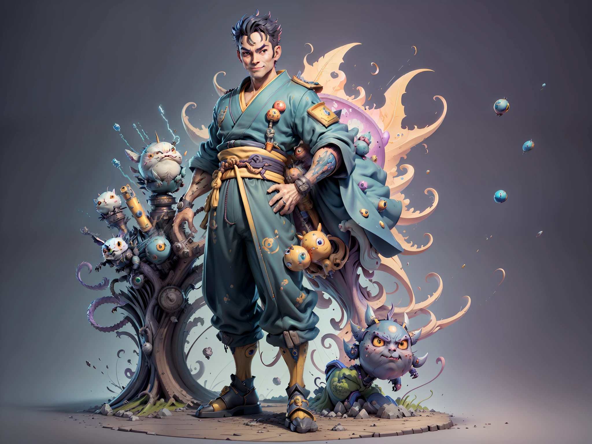 (Masterpiece), (Excellent), (Super Meticulous), (Full Body: 1.2), Super Young Man, Oriental Face, Japanese Kimono, Japanese Wind and Thunder, Japanese Ascension Dragon, , TV Anchor, Bust Portrait Illustration, Alone, Black Suit, Blue Tie, Slightly Chubby Face, Very Clean Face, No Beard, Black Super Short Hair, Black Eyes, Confident Smile, 3c Computer Sub-Products, iPad, iPhone, Digital Painting, 3D Character Design by Akira Toriyama and Mark Claireden and Pixar and Hayao Miyazaki, The illustration is a high-definition illustration in 4K resolution with very detailed facial features and cartoon-style visuals.