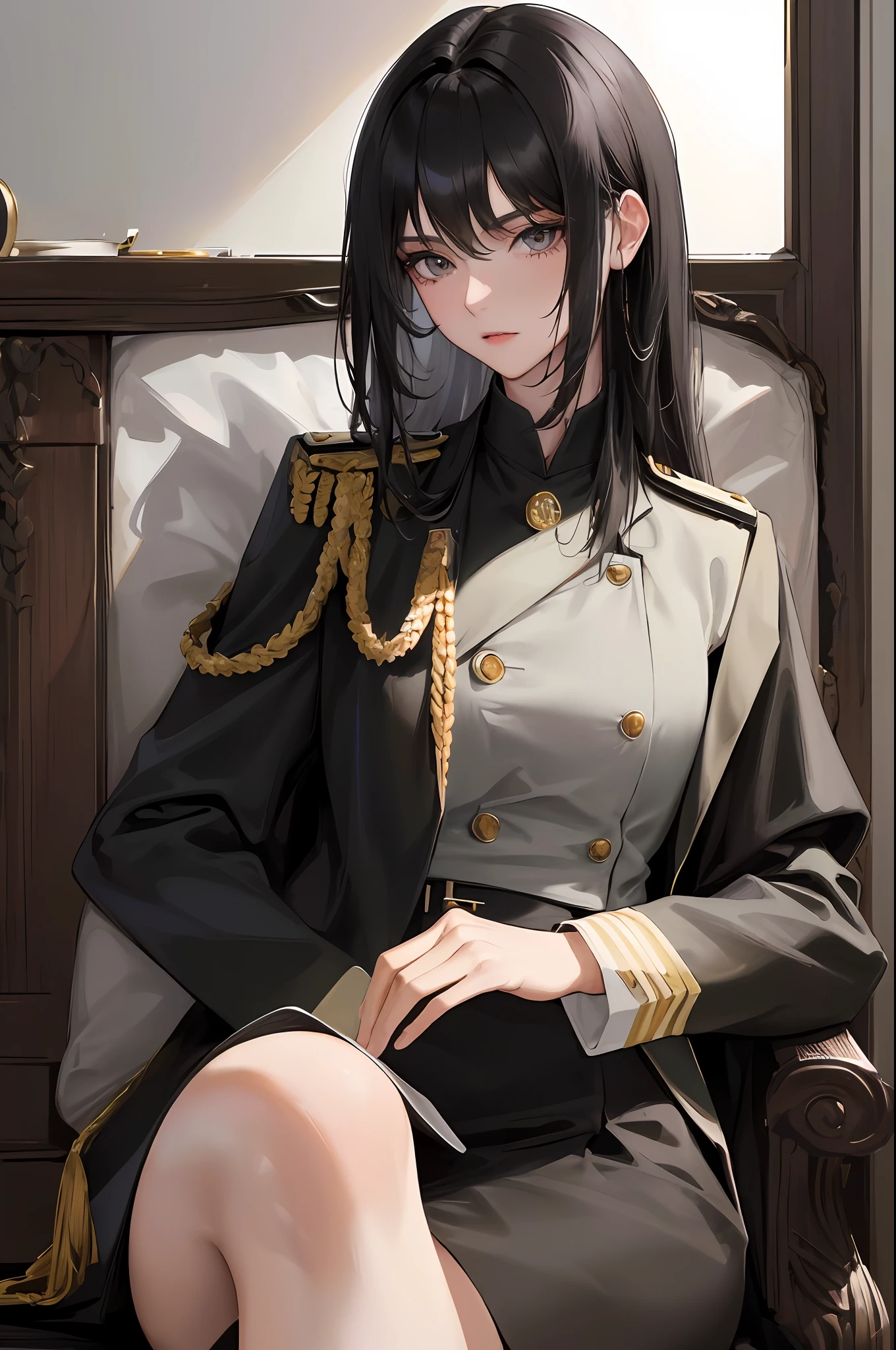 (highest resolution, distinct_image) best quality, woman, masterpiece, high detail, semi-realistic, short black hair, black hair, bangs, 21 years old, shoulder-length hair, mature, young, black clothes, black uniform, military academy beauty heroic heroic posture interior background exquisite and exquisite facial features