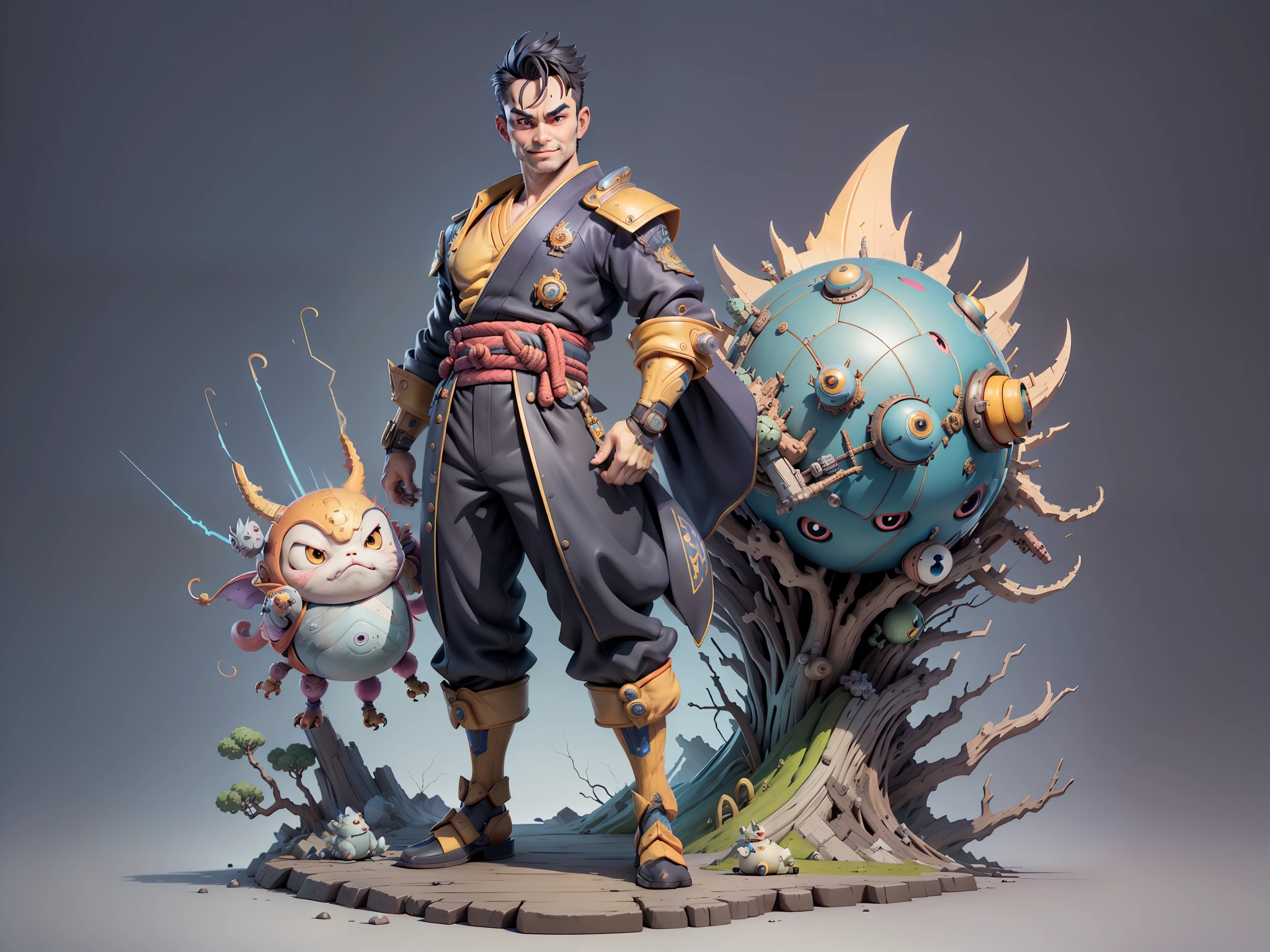 (Masterpiece), (Excellent), (Super Meticulous), (Full Body: 1.2), Super Young Man, Oriental Face, Japanese Kimono, Japanese Wind and Thor, Ascension Dragon, , TV Anchor, Bust Portrait Illustration, Alone, Black Suit, Blue Tie, Slightly Chubby Face, Very Clean Face, No Beard, Black Super Short Hair, Black Eyes, Confident Smile, 3c Computer Sub-Products, iPad, iPhone, Digital Painting, 3D Character Design by Akira Toriyama and Mark Claireden and Pixar and Hayao Miyazaki, The illustration is a high-definition illustration in 4K resolution with very detailed facial features and cartoon-style visuals.