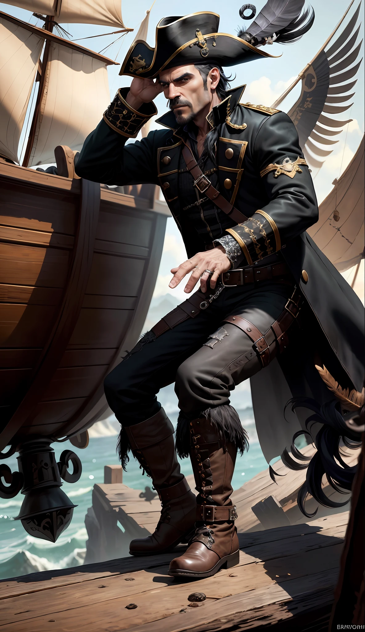 A pirate man, looks 40 years old, ((face expression of bravo)), extremely detailed and sharp eyes, wearing pirate clothes, hat with a skull and an ornament feather, wearing pants and ((black coat)), black boots, masterpiece, high quality, ((children's book style)), white background -- v6 quality --2