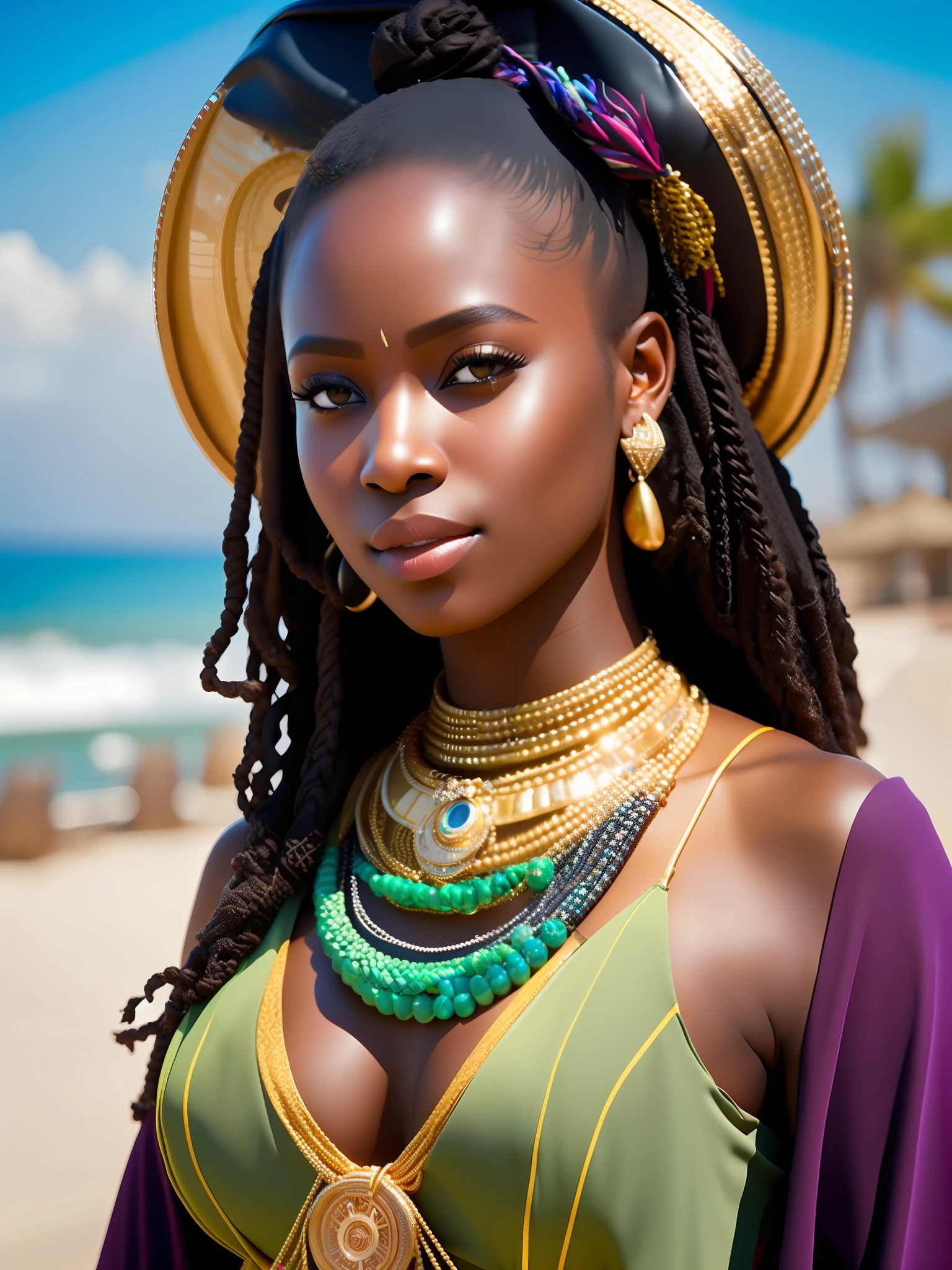 fking_scifi, fking_scifi_v2, portrait of a very beautiful young African woman, big breasts, beautiful green eyes in front of a beach, rich colorful clothes, golden African jewelry, close-up, royal pose and attitude. fking_cinema_v2. fking_cinema_v2