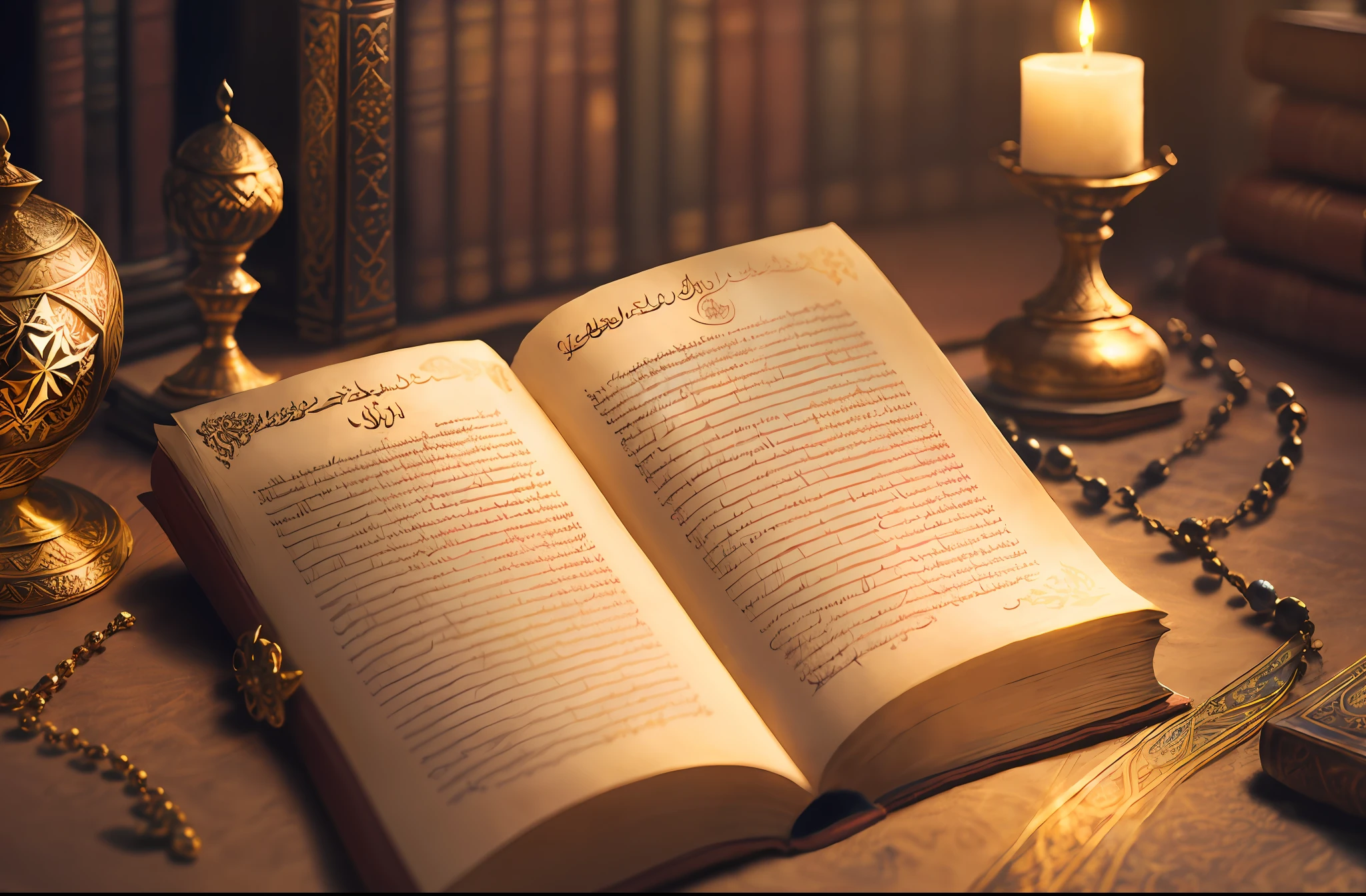 Arabian oold Magic scrolls and books in medieval library  Muslim rosary compass Magic hour, professional photography, octane render, hyper realistic - amazing sunlight, Dynamic composition, Photography, Sharp focus, Bokeh