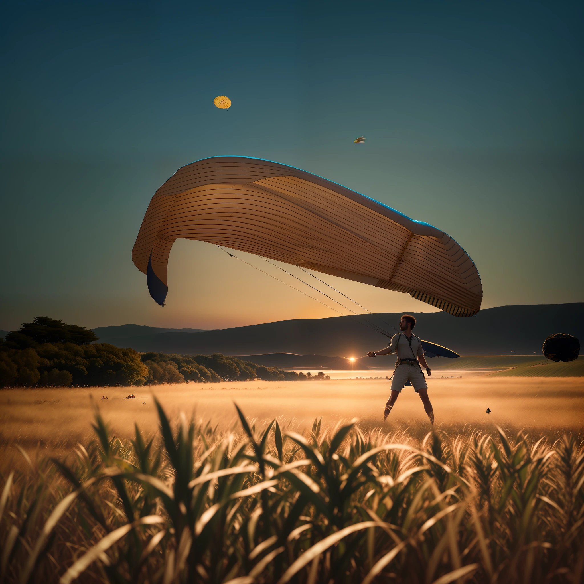 arafed man in a field with a parasail in the background, gliding, by Alexander Kucharsky, natural morning light, octane trending on cgsociety, inspired by Luc-Olivier Merson, octane cgsociety, ornithopter, by Eglon van der Neer, greg rutkowski. octane render, ((((octane render, golden hour”