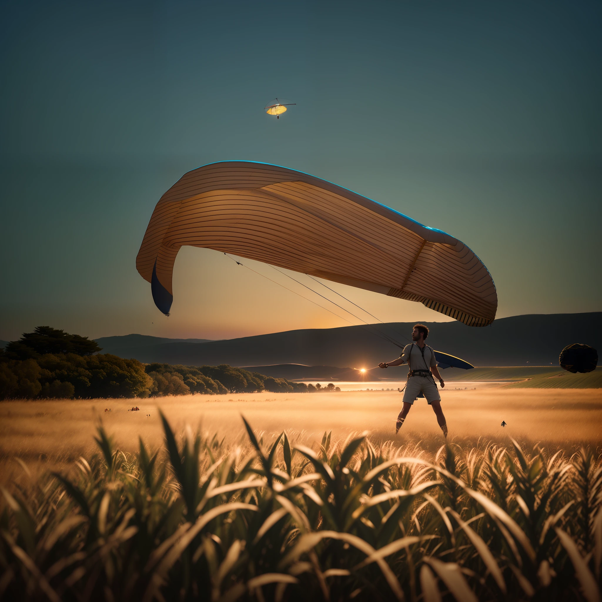 arafed man in a field with a parasail in the background, gliding, by Alexander Kucharsky, natural morning light, octane trending on cgsociety, inspired by Luc-Olivier Merson, octane cgsociety, ornithopter, by Eglon van der Neer, greg rutkowski. octane render, ((((octane render, golden hour”