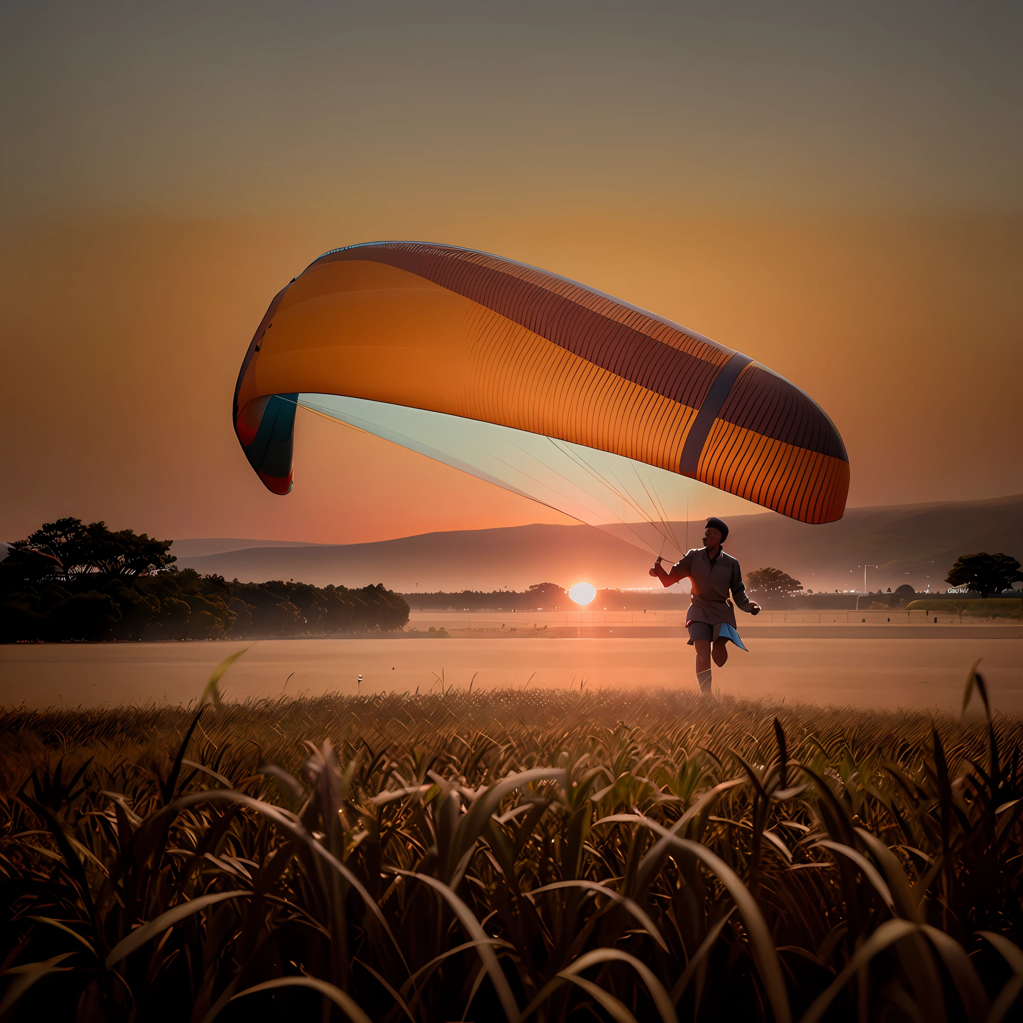 arafed man in a field with a parachute in the air, by Matthias Weischer, cinematic morning light, by Etienne Delessert, golden hour”, by Eglon van der Neer, by Alexey Merinov, by Alexander Kucharsky, shot at golden hour, at sunrise, backlit!!, by Adam Marczyński