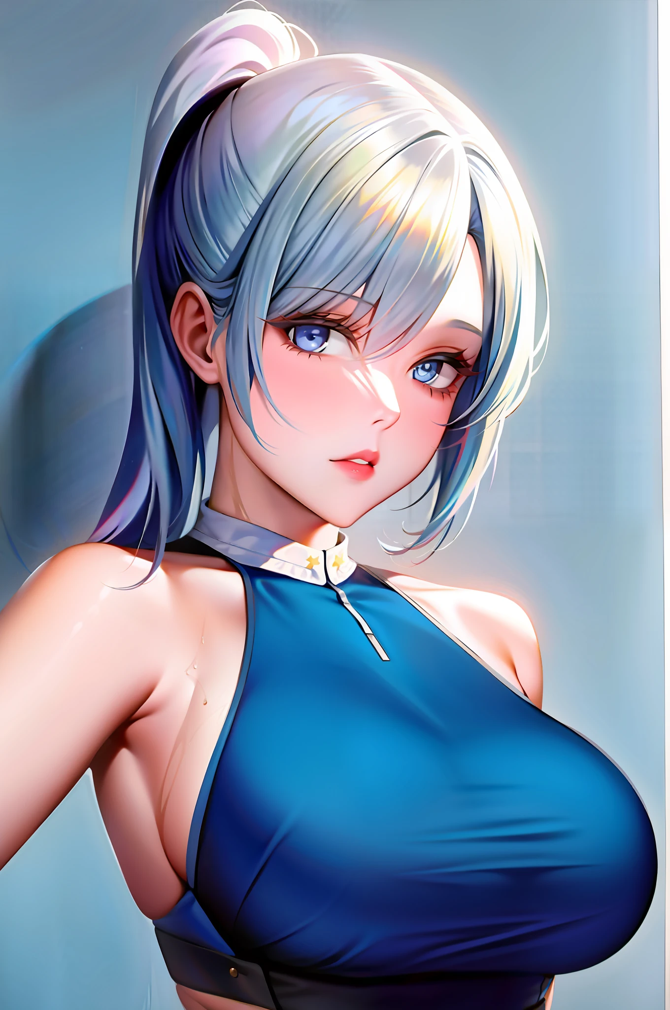 1girl, solo, blue theme, looking at the viewer, big breasts, portrait, sideways, bad girl, ((mature female))
