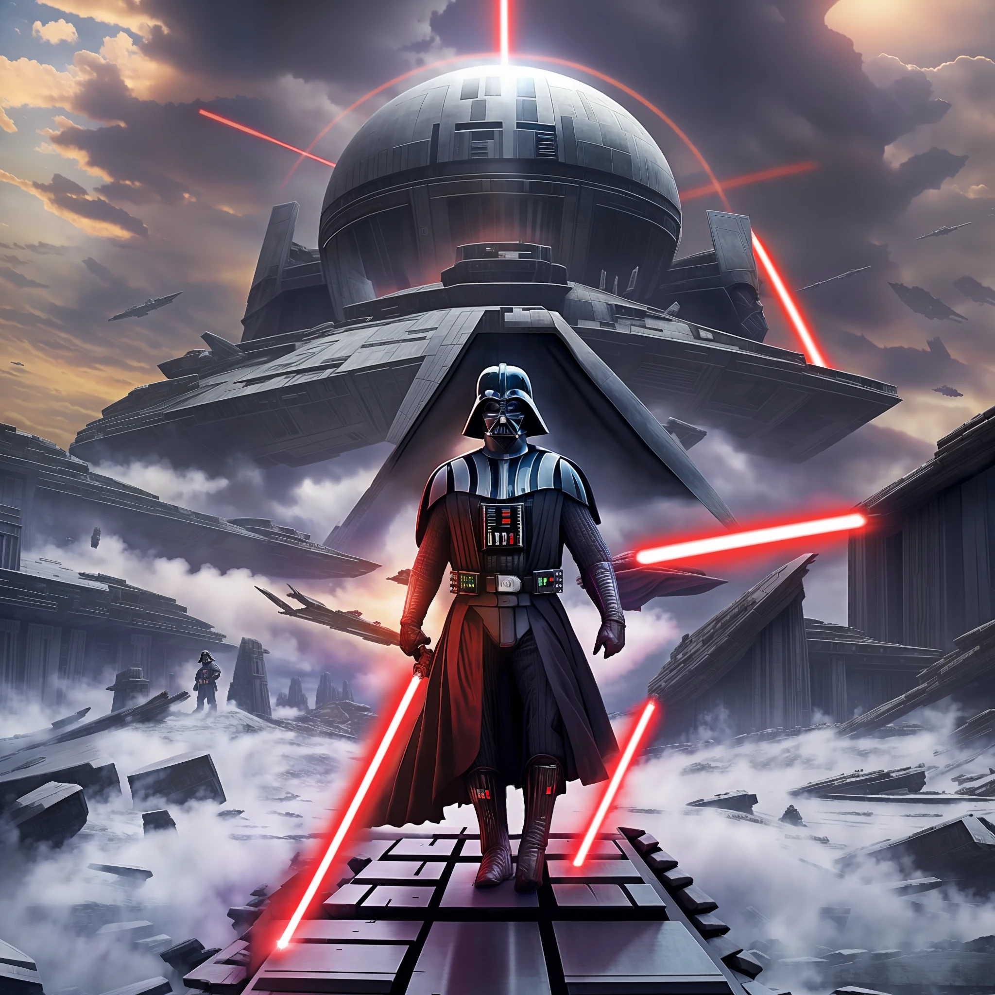 "(Darth Vader), advancing toward the sun on top of a mountain, ruins of the ancient Jedi temple in the background, dramatic light effects, piercing a sense of tension and mystery."