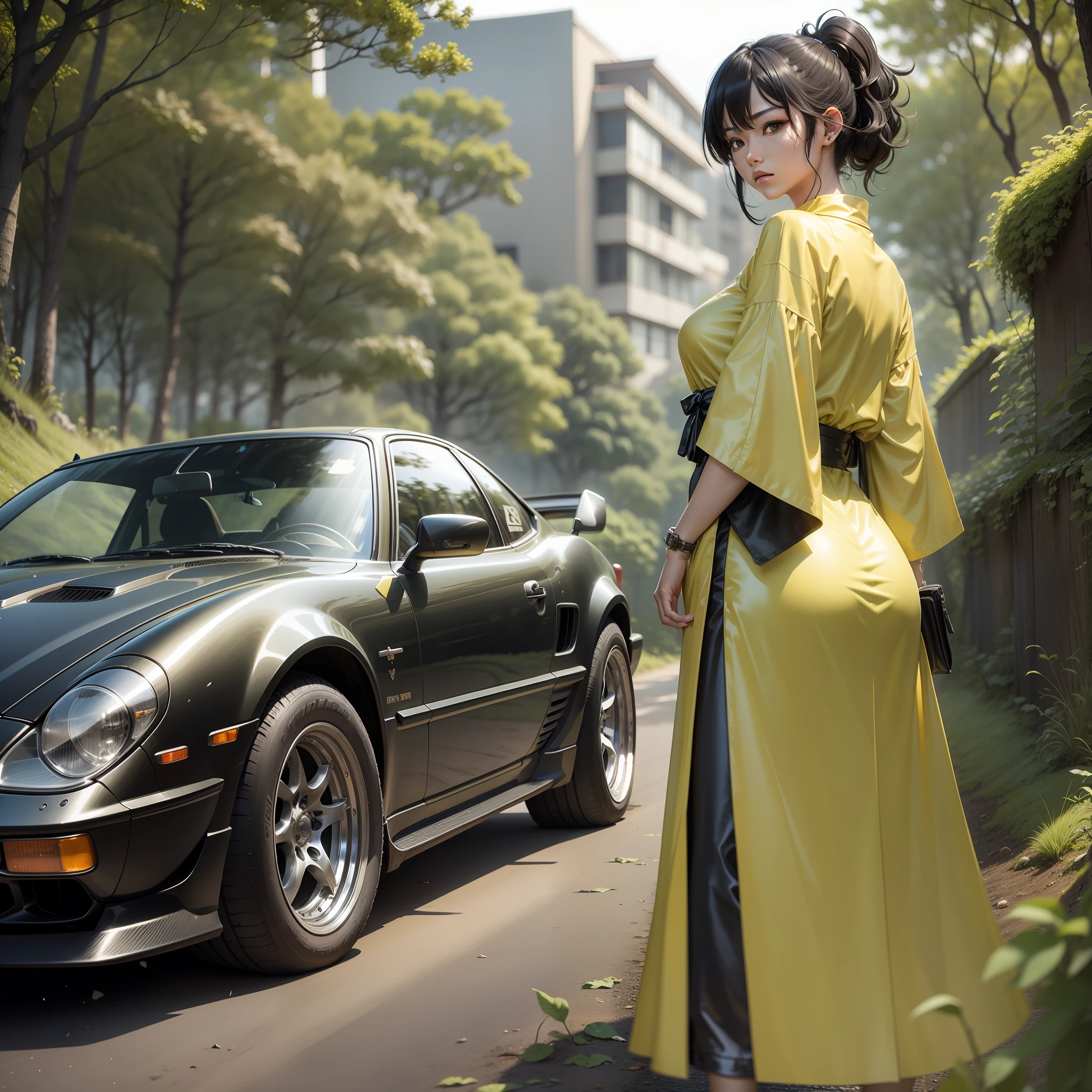 there is a beautiful women standing next to a yellow car, miura kentaro style, kentaro miura style, inspired by Ueda Fumito, inspired by Kentaro Miura, <mmorpgs scene, second life avatar, koyoharu gotouge, in style of kentaro miura, in the cyberpunk countryside, black hair, japanese forest, touge, drifters