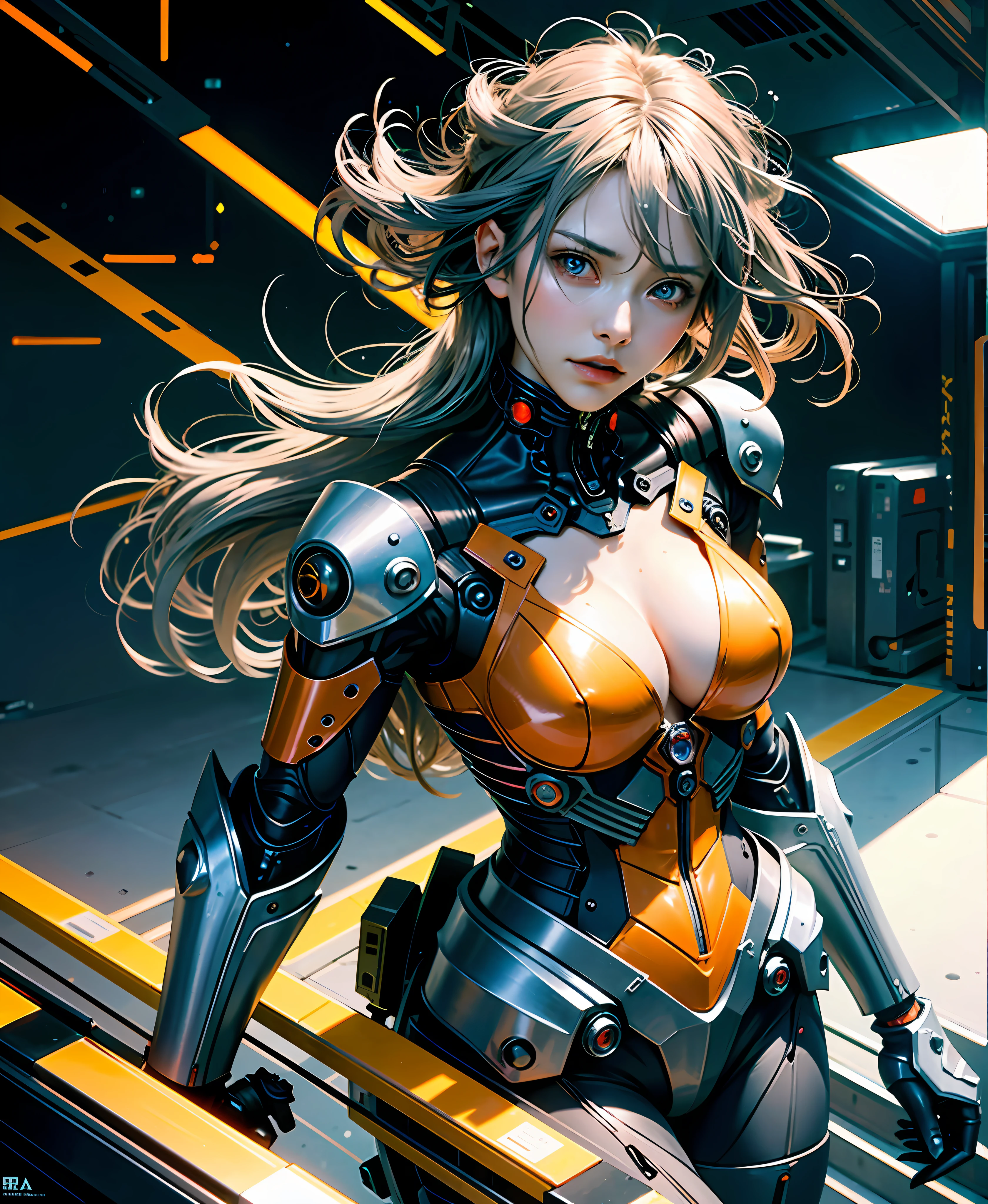 Gray hair, long fluttering hair, strong wind, orange eyes, shining eyes, evangelion girl, big, face and breasts raw, cleavage visible. photorealistic, portfolio, evangelion inspired metal mech suit, cyberpunk, metallic, detailed mech parts, bunch of thin tubes, metal cylinder, detailed neon, fine LED,