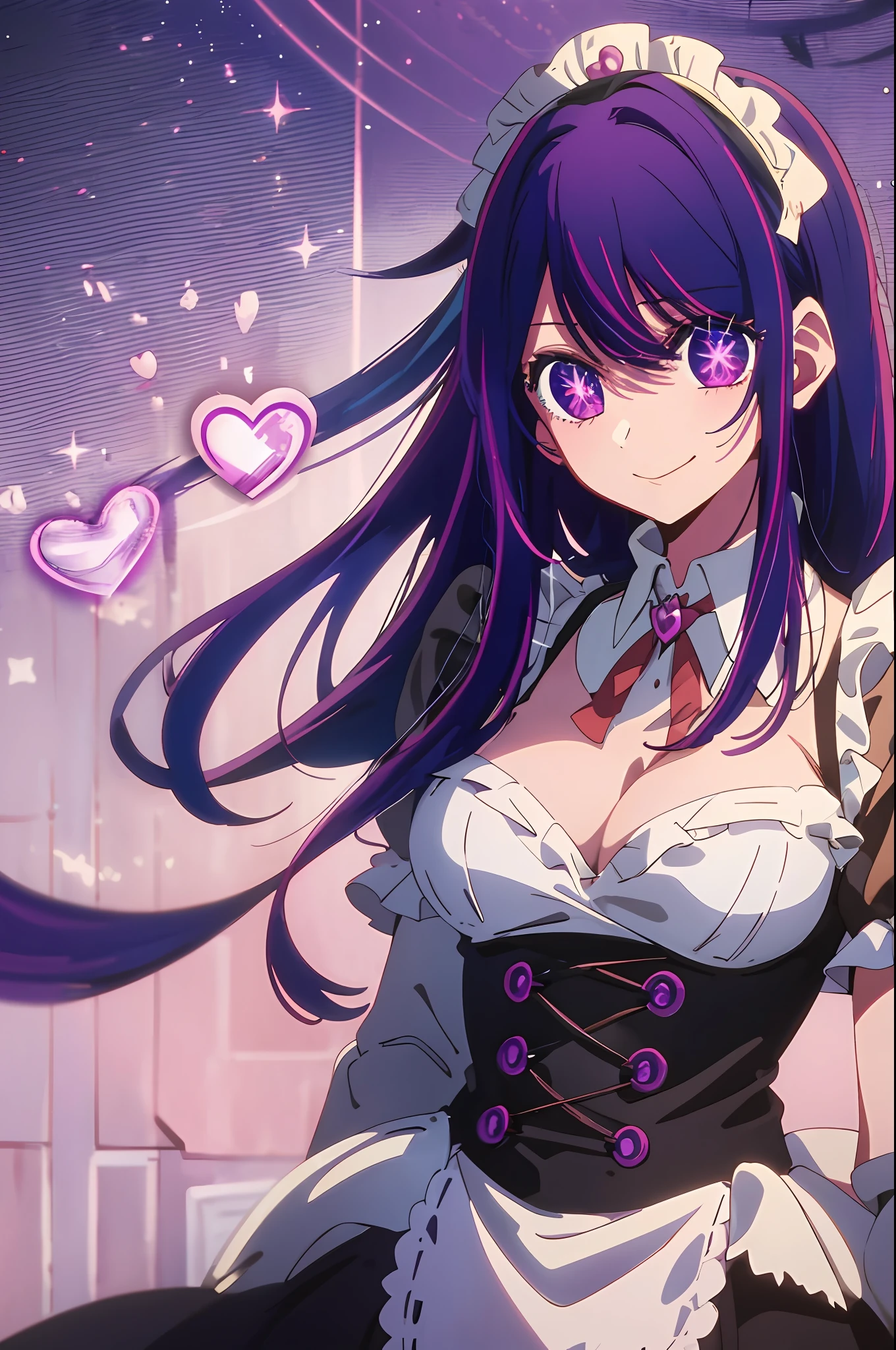 2d, masterpiece, best quality, anime, highly detailed, cowboy shot, 1girl, solo, maid dress, purple hair, purple galaxy hair, purple eyes, , looking at viewer, smile, bangs, Star symbol-shaped pupils, heart-shaped pupils,medium breast