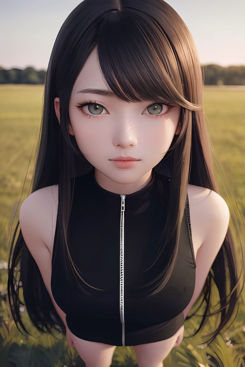 (photorealistic), (realistic), volumetric lighting, silky_hair, (straight hair), blush, (green eyes), (detailed_eyes), extremely detailed illustration of a female korean, black hair, wearing running shoes, standing on a grass field, cowboy shot, contrapposto, looking at viewer, highres, superb, 8k wallpaper, extremely detailed, intricate, soft lighting, 4k, smooth lighting, 8k, depth of field, masterpiece, smooth focus, hyper detailed, detailed eyes, eyes focus, (mid shot:1.25), (portrait:1.25), (solo:1.2), (beautiful face:1.15)