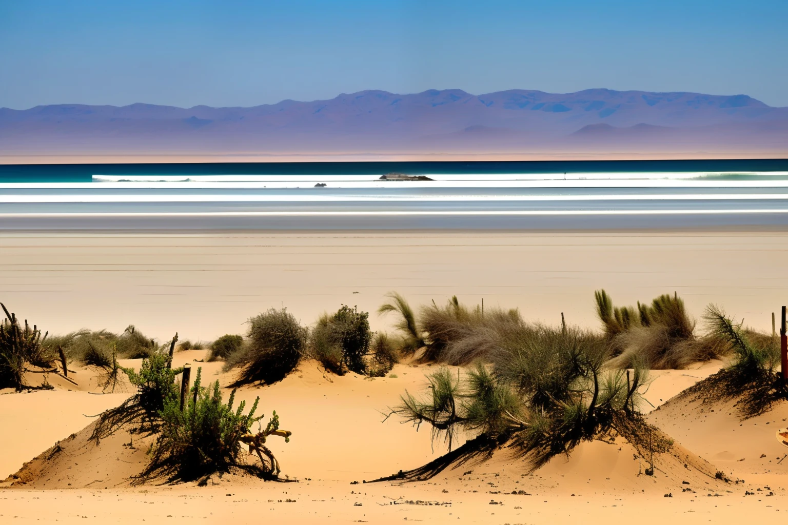 This scene mixes diverse elements, providing a unique and interesting vision. The spotted cow and the soybean stand out as symbols of life and sustenance in the midst of the aridity of the desert and the beauty of the beach. It's an image that reminds us of nature's resilience and ability to find beauty and life in unlikely places.