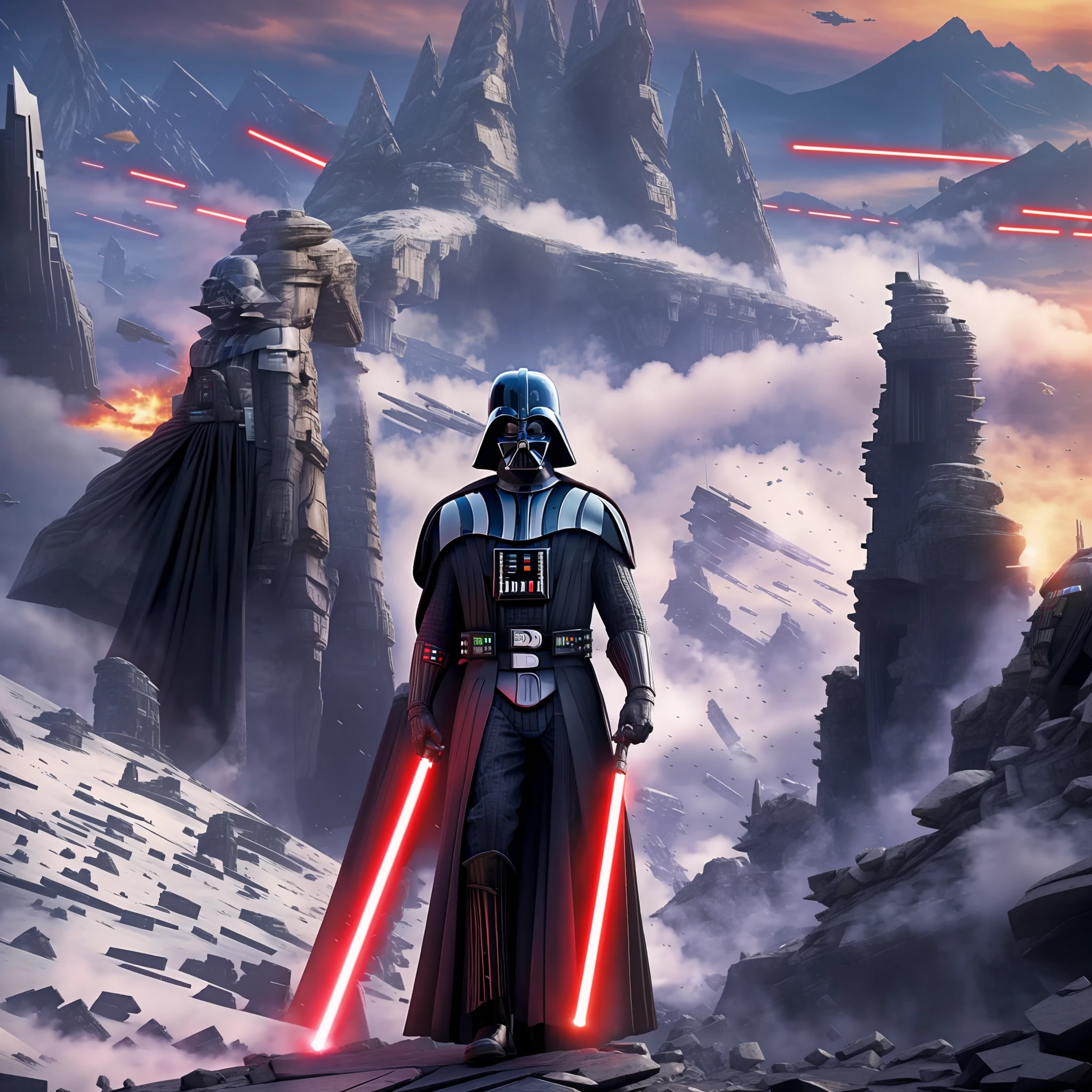 (Darth Vader), walking towards the sun, high on a mountain, ancient Jedi temple destroyed in the background, incredible and dramatic light effects, with the feeling that anything can happen!