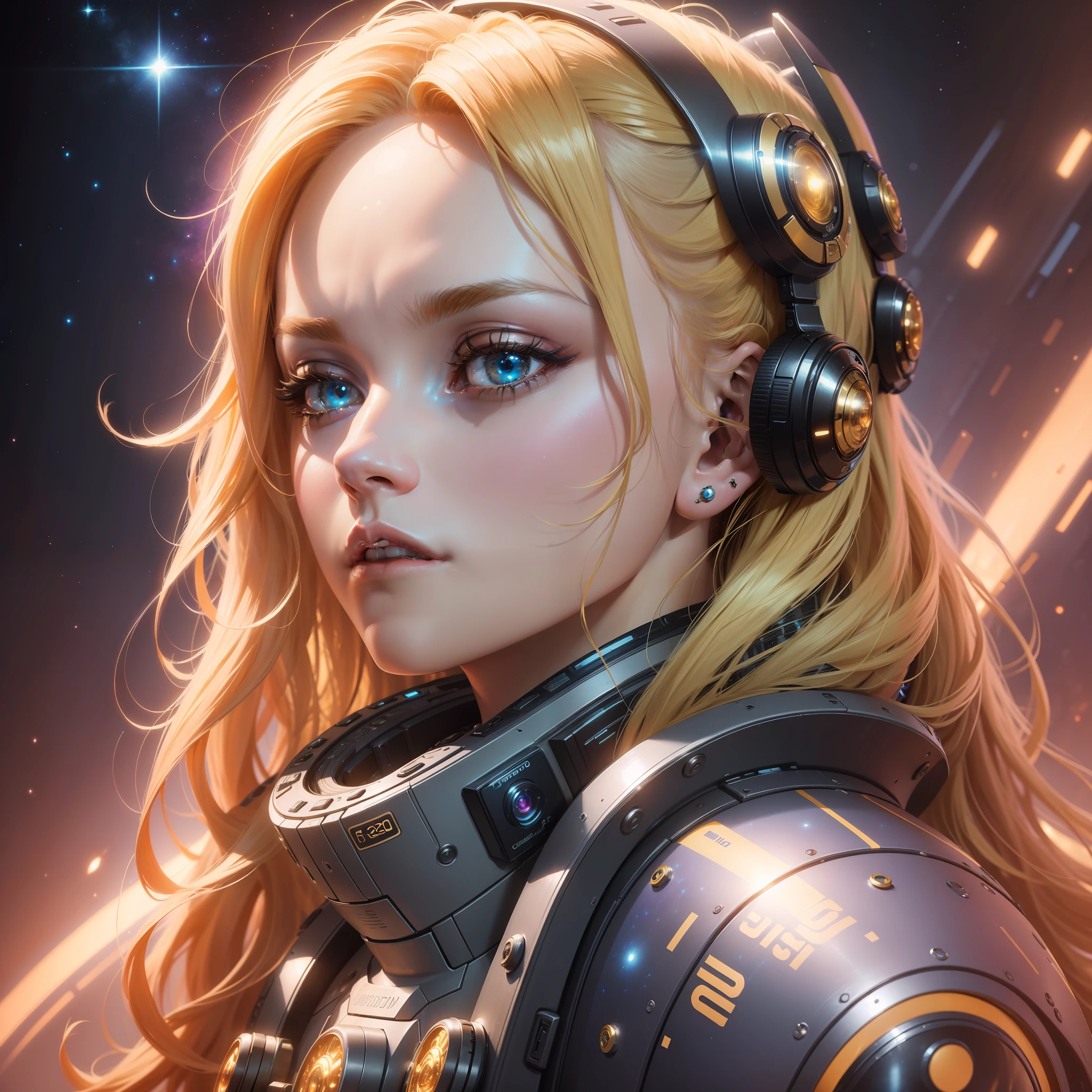 ((masterpiece 1.2)), high details, cyber punk, meditating, space suit, woman with piercing gaze, golden hair, set in spaceship, galaxy background, (4K), cinema, dramatic lighting, deep shadows, (intense HDR), canon lens, lens flare, textured