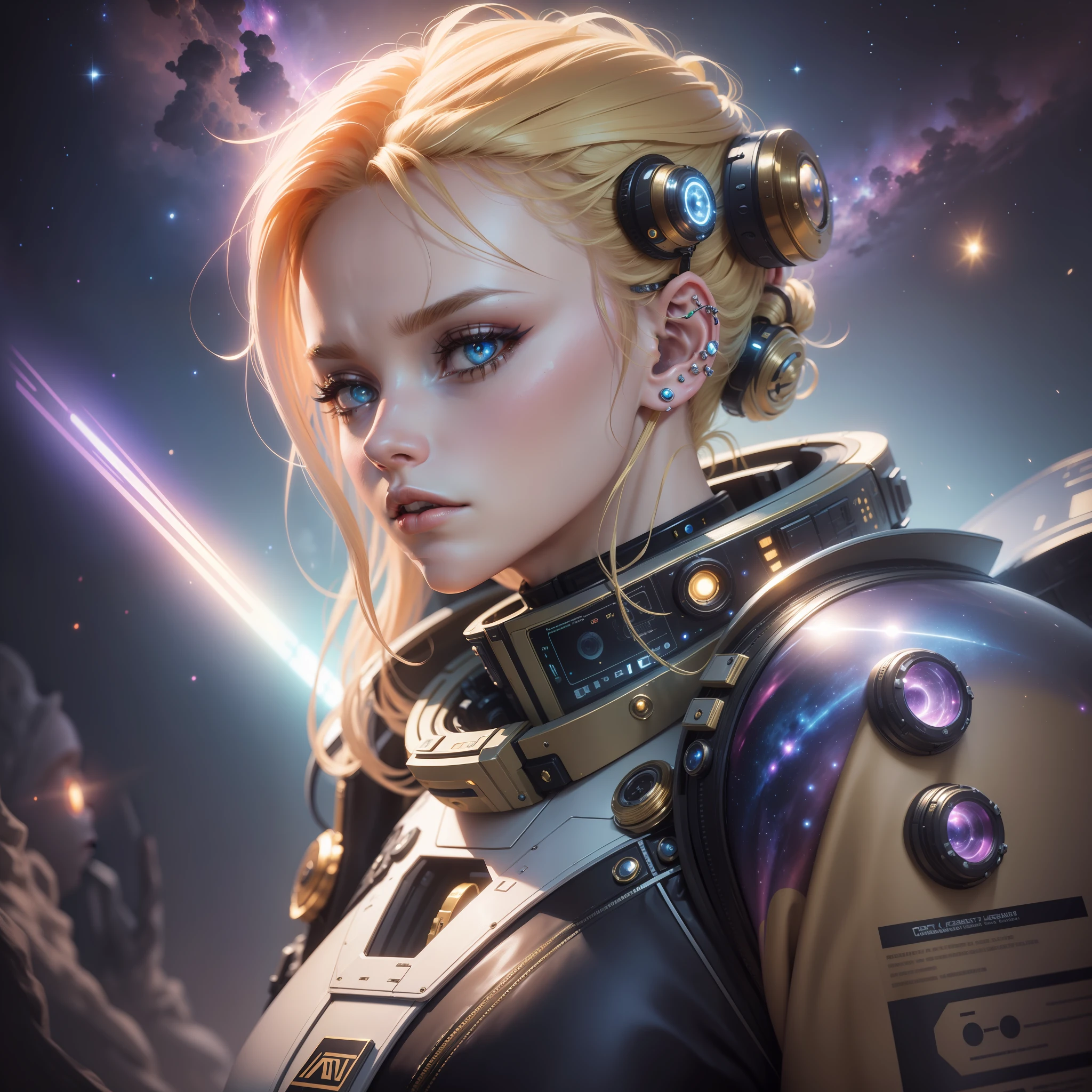 ((masterpiece 1.2)), high details, cyber punk, meditating, space suit, woman with piercing gaze, golden hair, set in spaceship, galaxy background, (4K), cinema, dramatic lighting, deep shadows, (intense HDR), canon lens, lens flare, textured