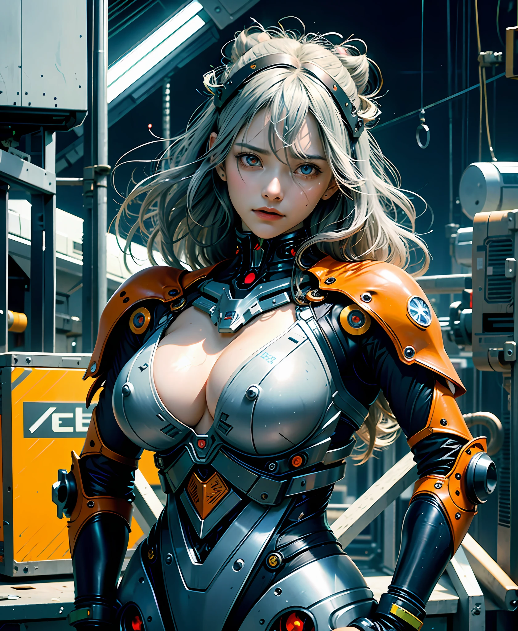 Gray hair, long fluttering hair, strong wind, orange eyes, shining eyes, evangelion girl, big, face and breasts raw, cleavage visible. Photoreal, Portfolio, Evangelion Inspired Metal Mech Suit, Cyberpunk, Metallic, Detailed Mech Parts, Bundle of Thin Tubes, Metal Cylinder, Detailed Neon, Fine LED, Detailed Parts