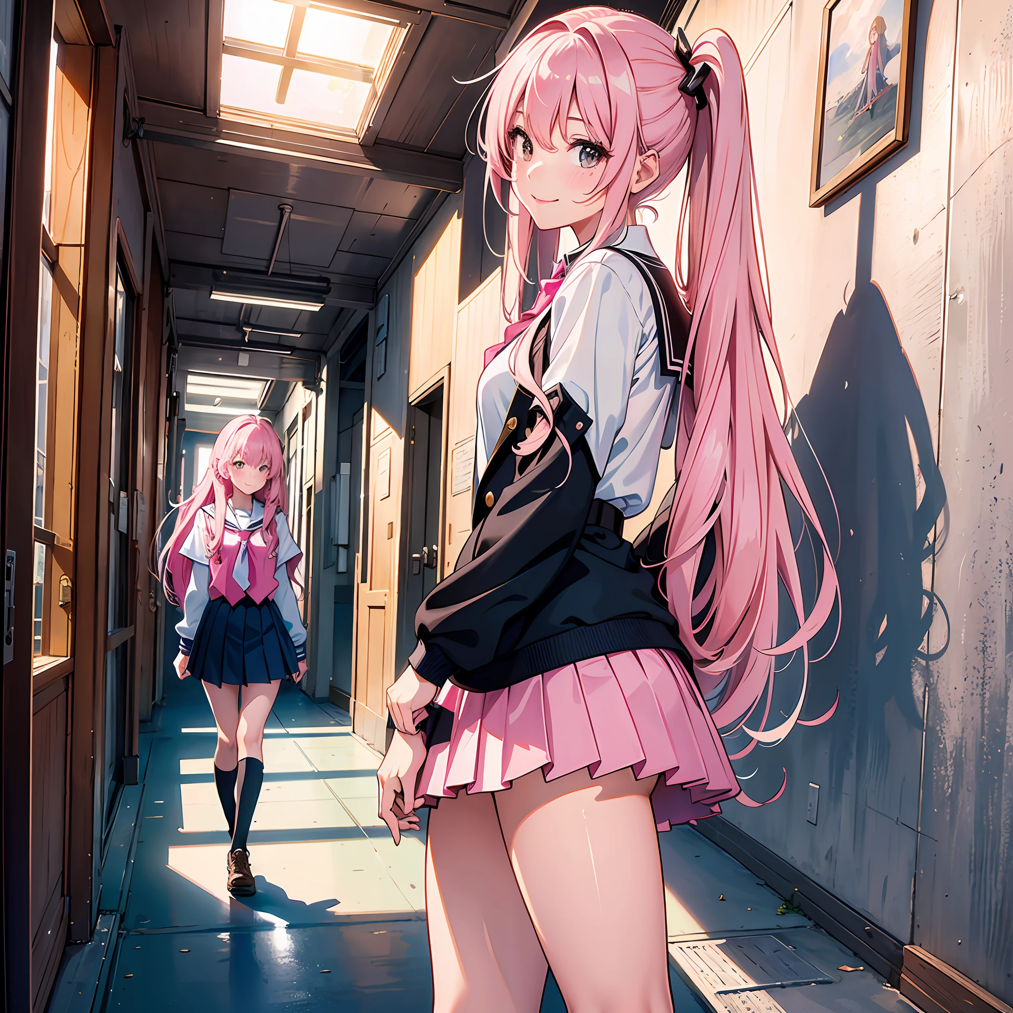 Ultra high resolution, 16k, ((masterpiece)), ((best quality))), ((super detailed)), upper body shot, a girl, long pink hair, smile, high school uniform, in the school hallway