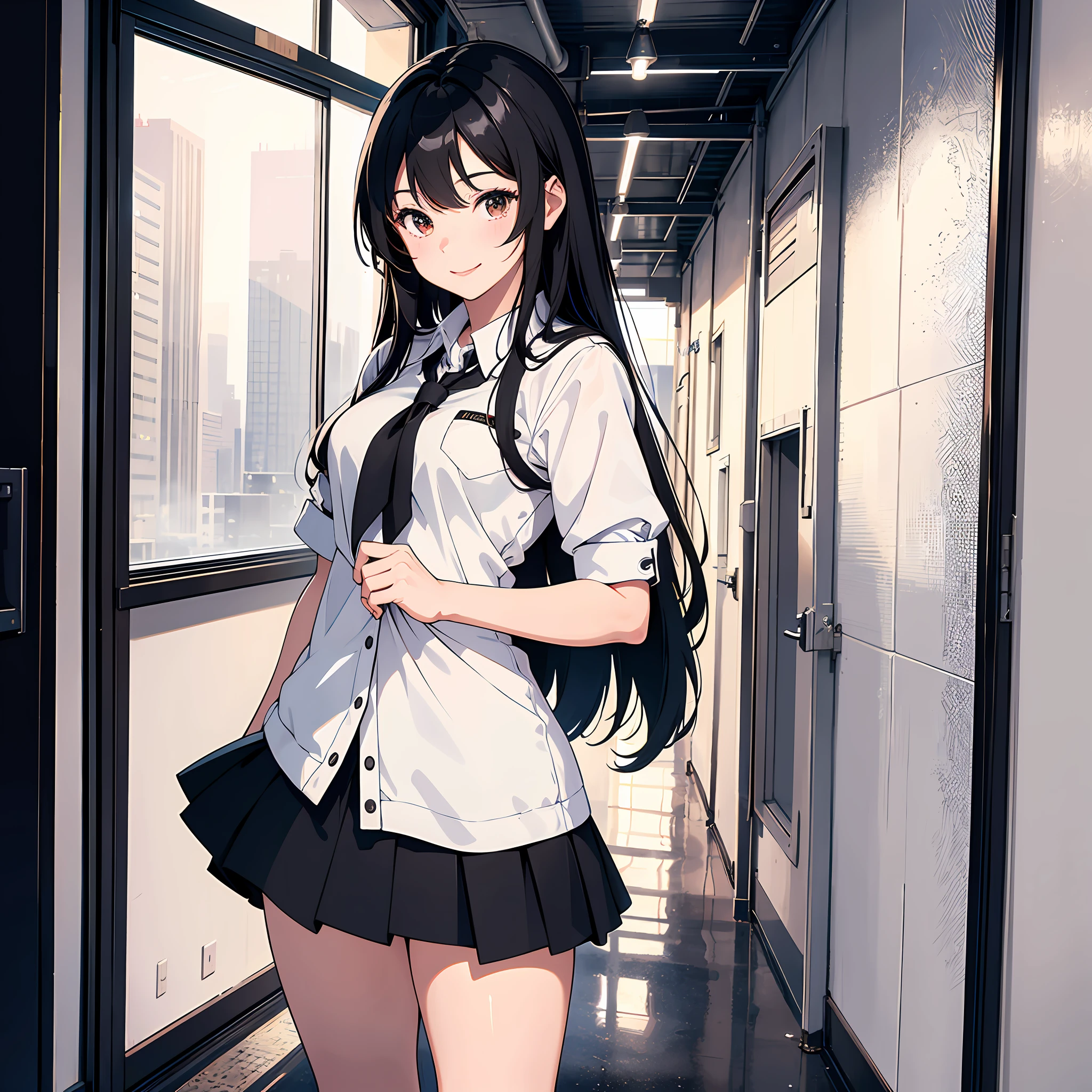 Ultra high resolution, 16k, ((masterpiece)), ((best quality))), ((super detailed)), upper body shot, a girl, long black hair, smile, high school uniform, in the school hallway