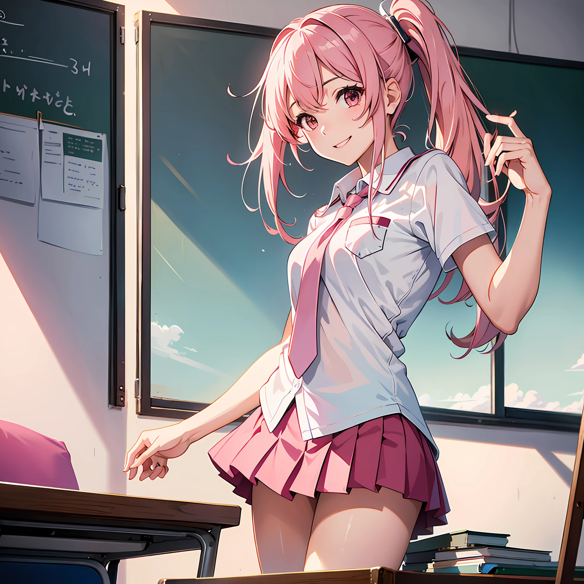 Ultra High Resolution, 16K, ((Masterpiece)), ((Best Quality))), ((Ultra Detail)), Upper Body View, A Girl, Long Pink Hair, Smile, High School Uniform, In Classroom