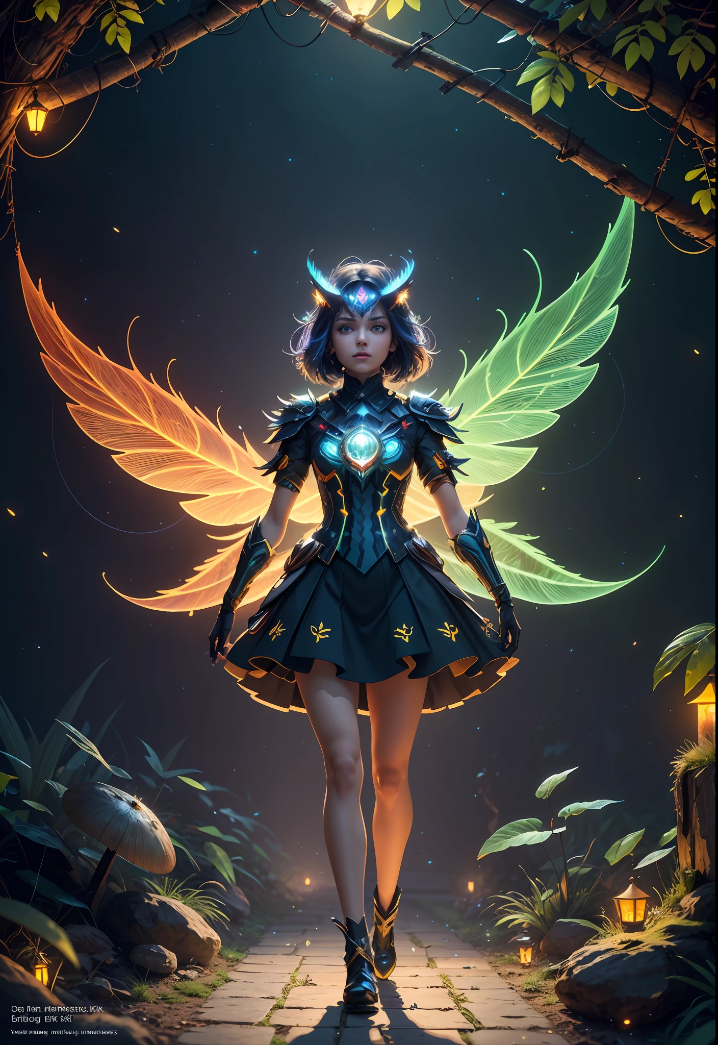 Masterpiece, best quality, extremely beautiful reflection, best reflection. (Very detailed CG unity 8k wallpaper), (best quality), (best illustration), (best shadow), a photo of a cybernetic owl, perched on barbed wire in a dark alley. His eyes are neon blue, reflecting the lights of the surrounding city. The feathers are fragmented and iridescent, and there is a wonderful code running through them. The shots used create a deformation effect, giving the impression that an owl is observing the viewer from all angles, with a forest theme with natural elements. Tall trees, quiet stream, glowing small mushrooms surrounded by delicate leaves and branches, and fireflies and glowing particle effects, (natural elements), (jungle theme), (leaves), (branches), (fireflies), butterflies, (delicate leaves), (glow), (particle effects), isometric 3D, Octane rendering, ray tracing, super detailed