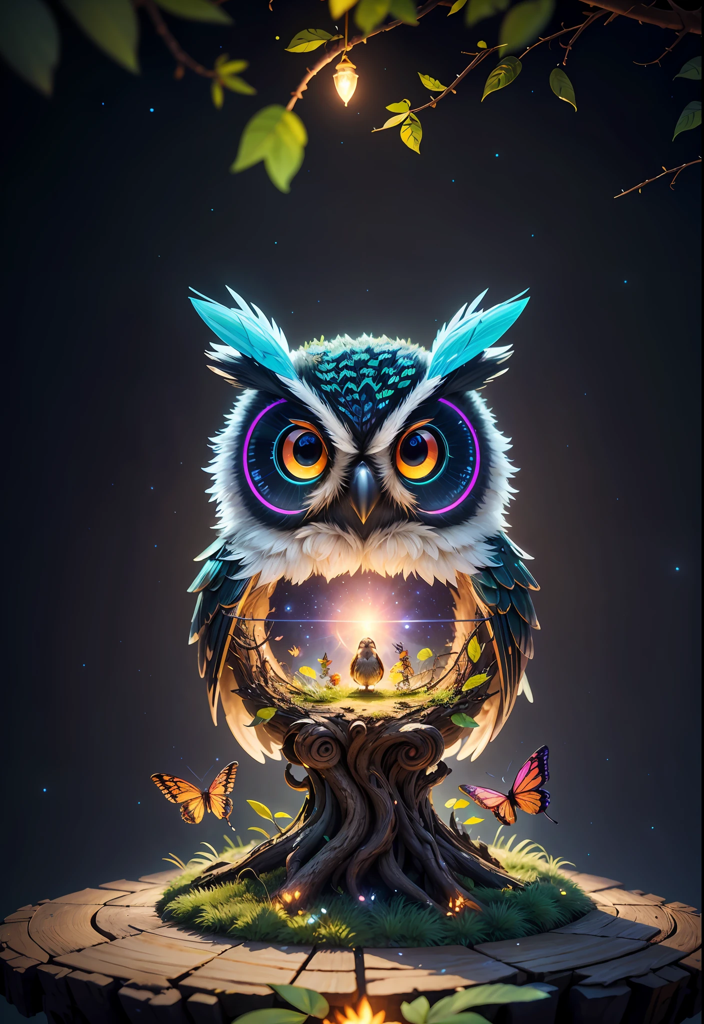 Masterpiece, best quality, extremely beautiful reflection, best reflection. (Very detailed CG unity 8k wallpaper), (best quality), (best illustration), (best shadow), a photo of a cybernetic owl, perched on barbed wire in a dark alley. His eyes are neon blue, reflecting the lights of the surrounding city. The feathers are fragmented and iridescent, and there is a wonderful code running through them. The shots used create a deformation effect, giving the impression that an owl is observing the viewer from all angles, with a forest theme with natural elements. Tall trees, quiet stream, glowing small mushrooms surrounded by delicate leaves and branches, and fireflies and glowing particle effects, (natural elements), (jungle theme), (leaves), (branches), (fireflies), butterflies, (delicate leaves), (glow), (particle effects), isometric 3D, Octane rendering, ray tracing, super detailed