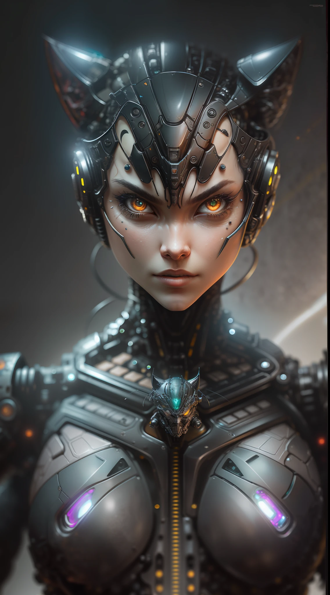 Catwoman from DC photography, biomechanical, complex robot, full growth, hyper-realistic, insane small details, extremely clean lines, cyberpunk aesthetic, masterpiece featured on Zbrush Central