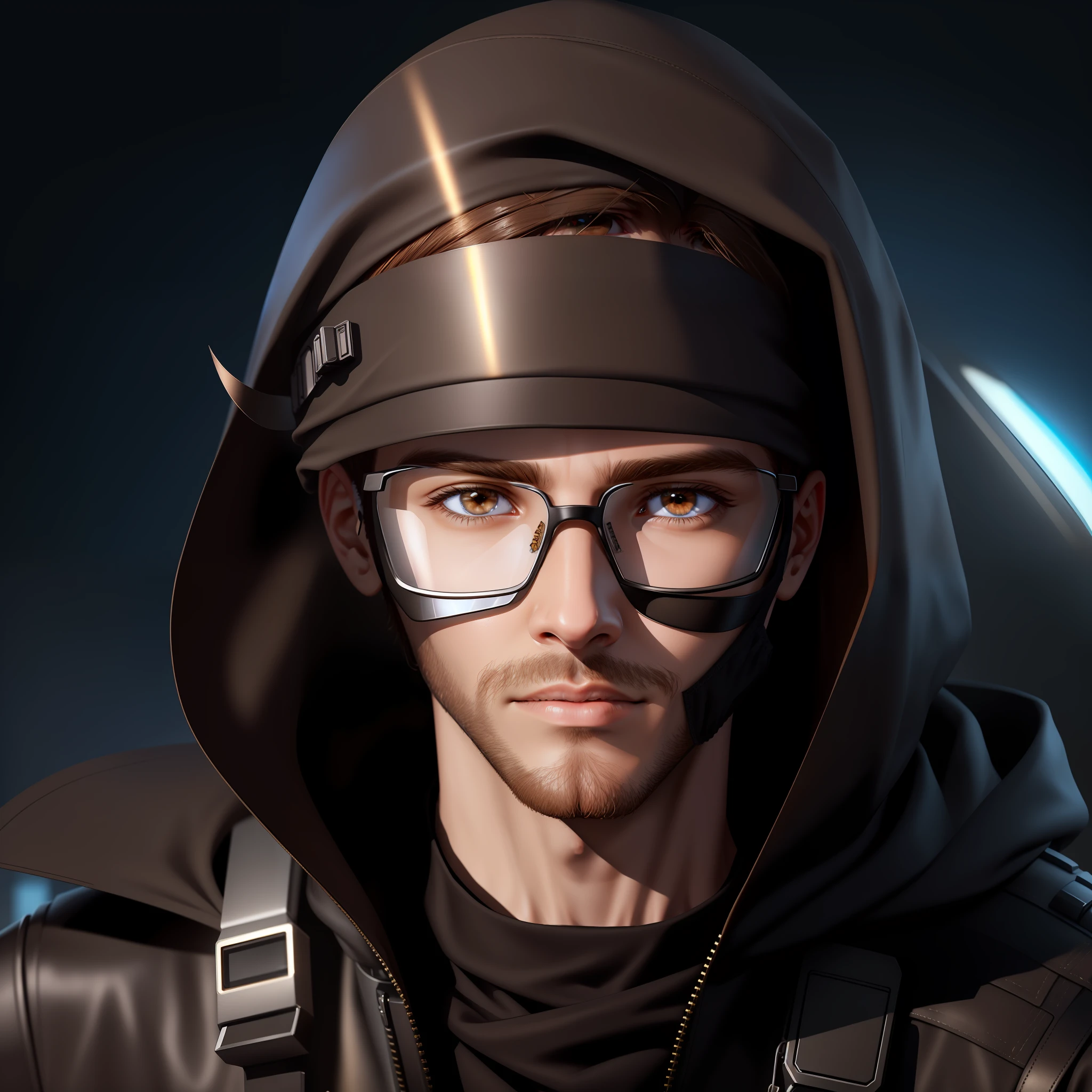 (Ultra-realistic), (extreme quality) (8k), (super detailed), (selfie), blurred background futuristic city, 1 man, 21 years old, 1.80m, white skin, light brown hair, very short gradient haircut on the razor, glasses, thin face, wide neck, black hood with a slight shadow on his face, light brown eyes presence in the eye. ((Wearing a mask hiding part of his face to hide his identity, covering his nose and mouth, black color.))