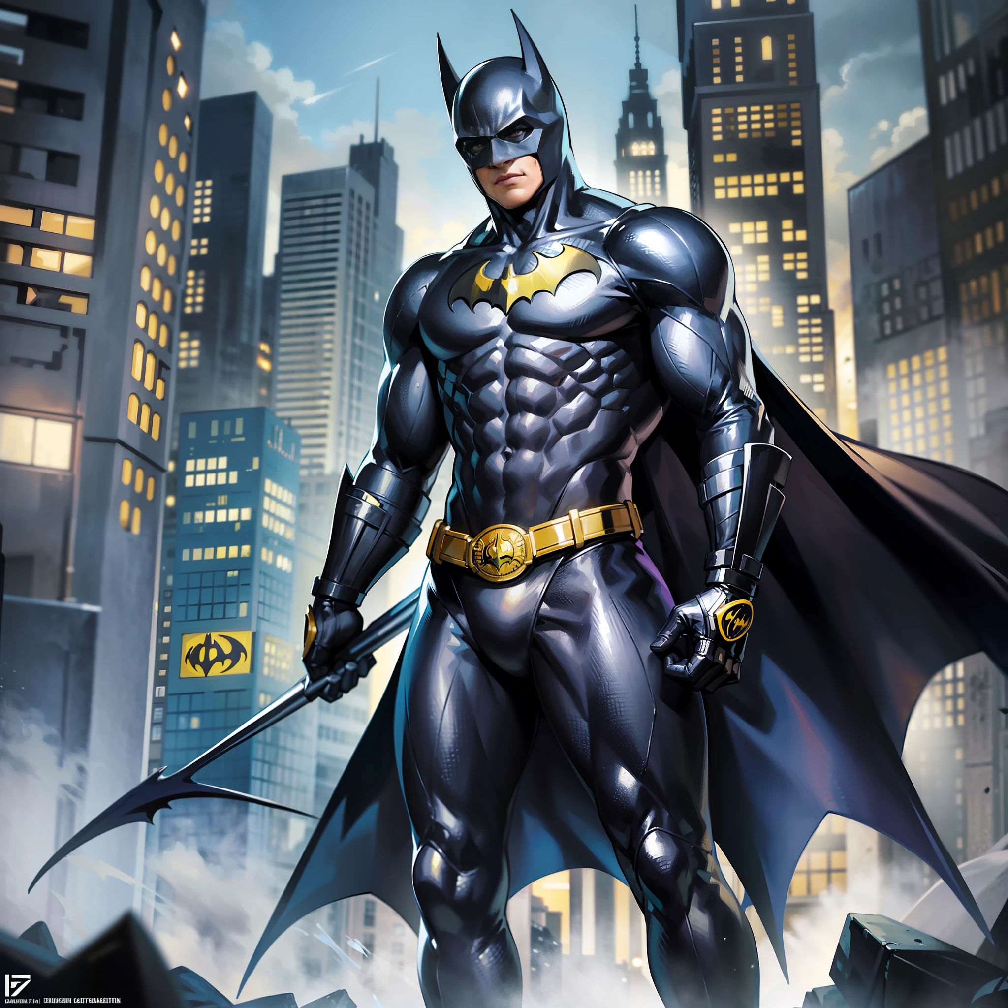 "paint a highly detailed depiction of a superhero inspired by Batman. The character should be reminiscent of a bat, dressed in Batman's bat-suit from the 80s. In the background, depict Gotham City with a dark and eerie atmosphere."