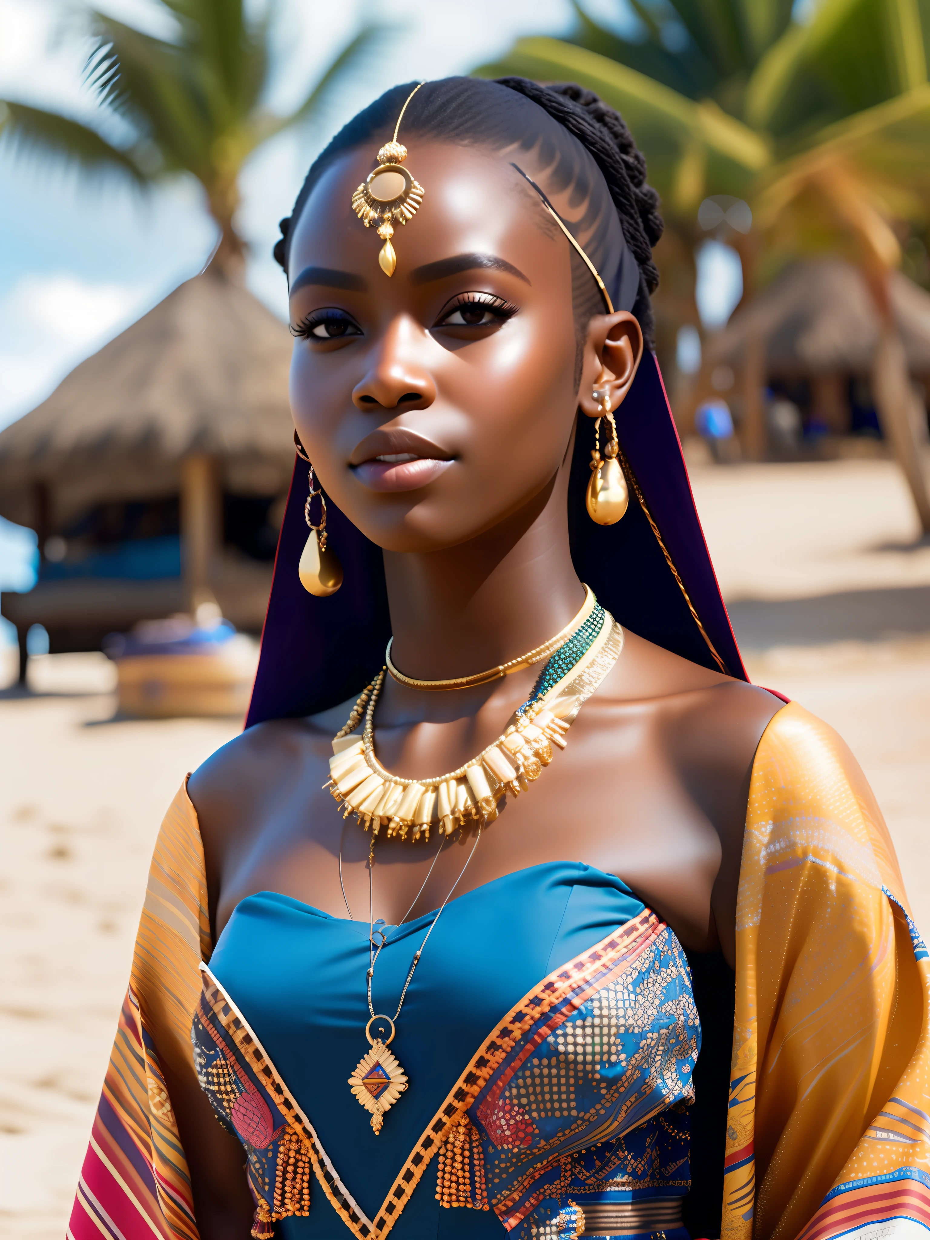 fking_scifi, fking_scifi_v2, portrait of a very beautiful young African woman in front of a beach, rich colorful clothes, golden African jewelry, close-up, royal pose and attitude. fking_cinema_v2. fking_cinema_v2