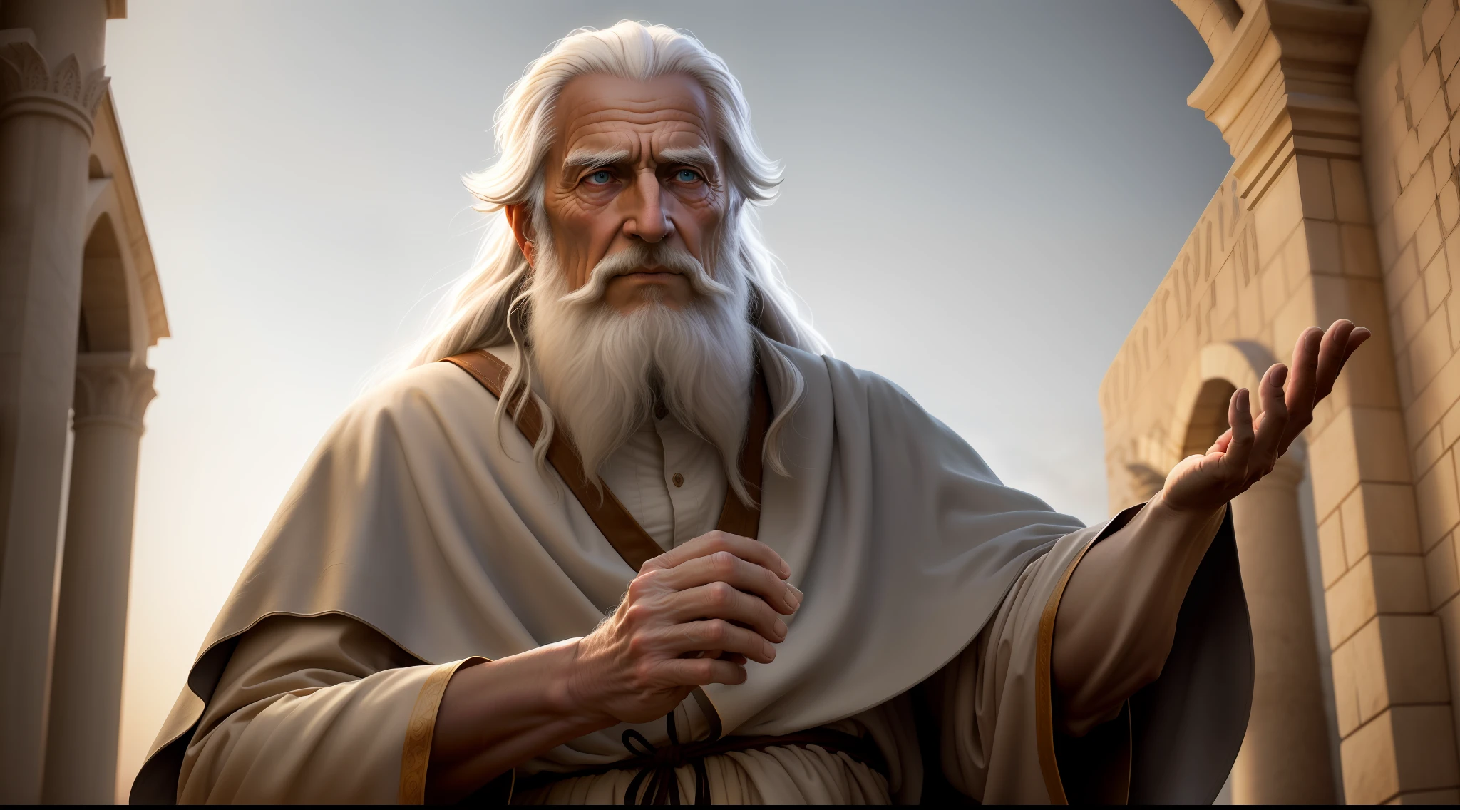 Realistic photography, closeup of white old man, biblical character Enoch, long gray hair, focus on hands, 50mm f/1.4, hdr masterpiece, dramatic lighting, epic, praying looking up at the sky, wearing brown tunic, israel city before christ,