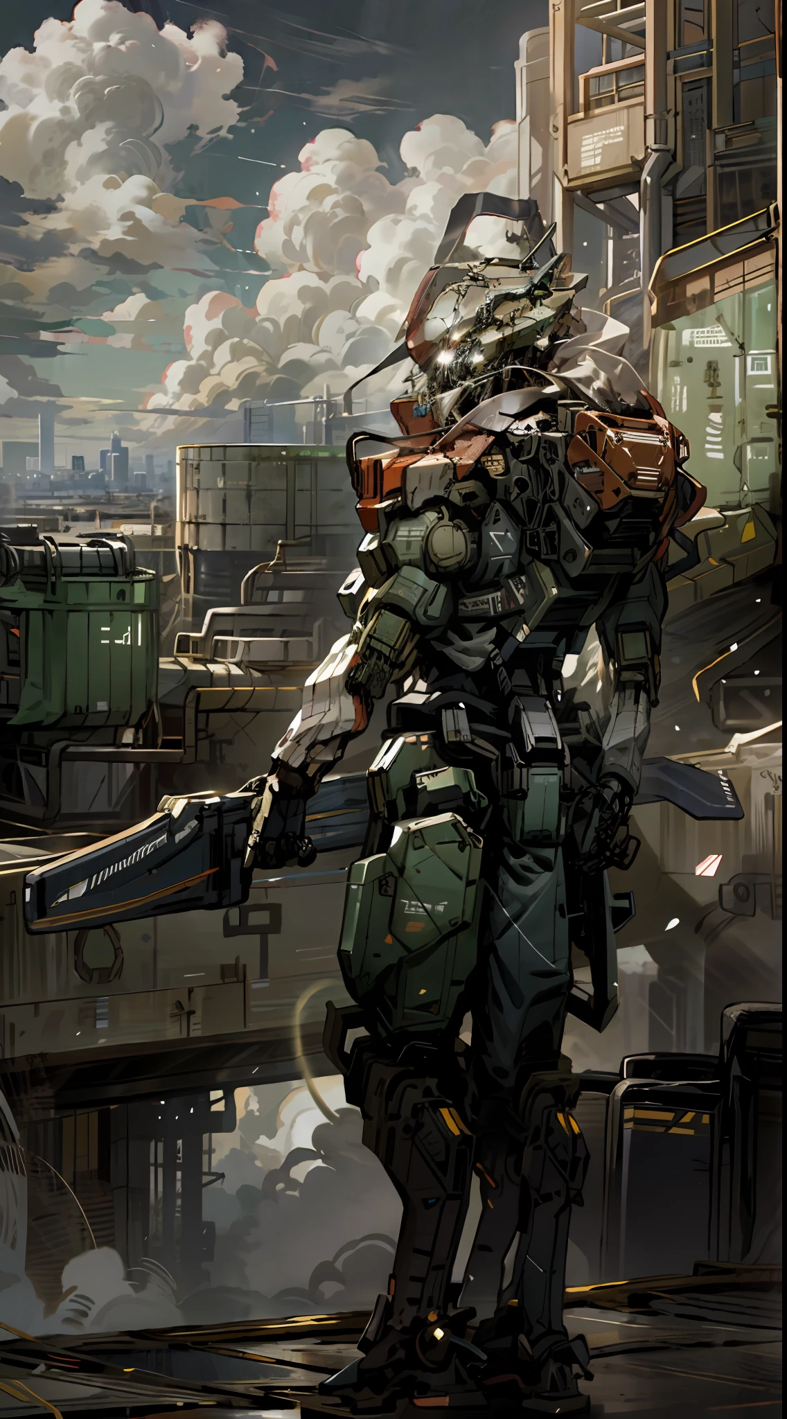 sky, clouds, holding_weapon, no_humans, glowing, a man standing on top of a building, his back to the viewer, looking into the distance, giant robot, building, ruins, glowing_eyes, mecha, science fiction, city, reality, mecha