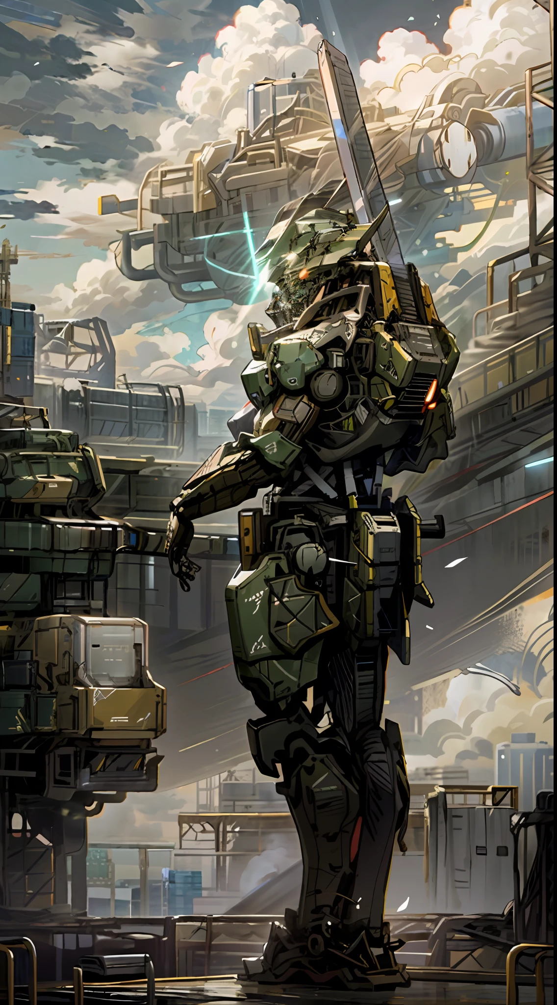 sky, clouds, holding_weapon, no_humans, glowing, a man standing on top of a building, his back to the viewer, looking into the distance, giant robot, building, ruins, glowing_eyes, mecha, science fiction, city, reality, mecha