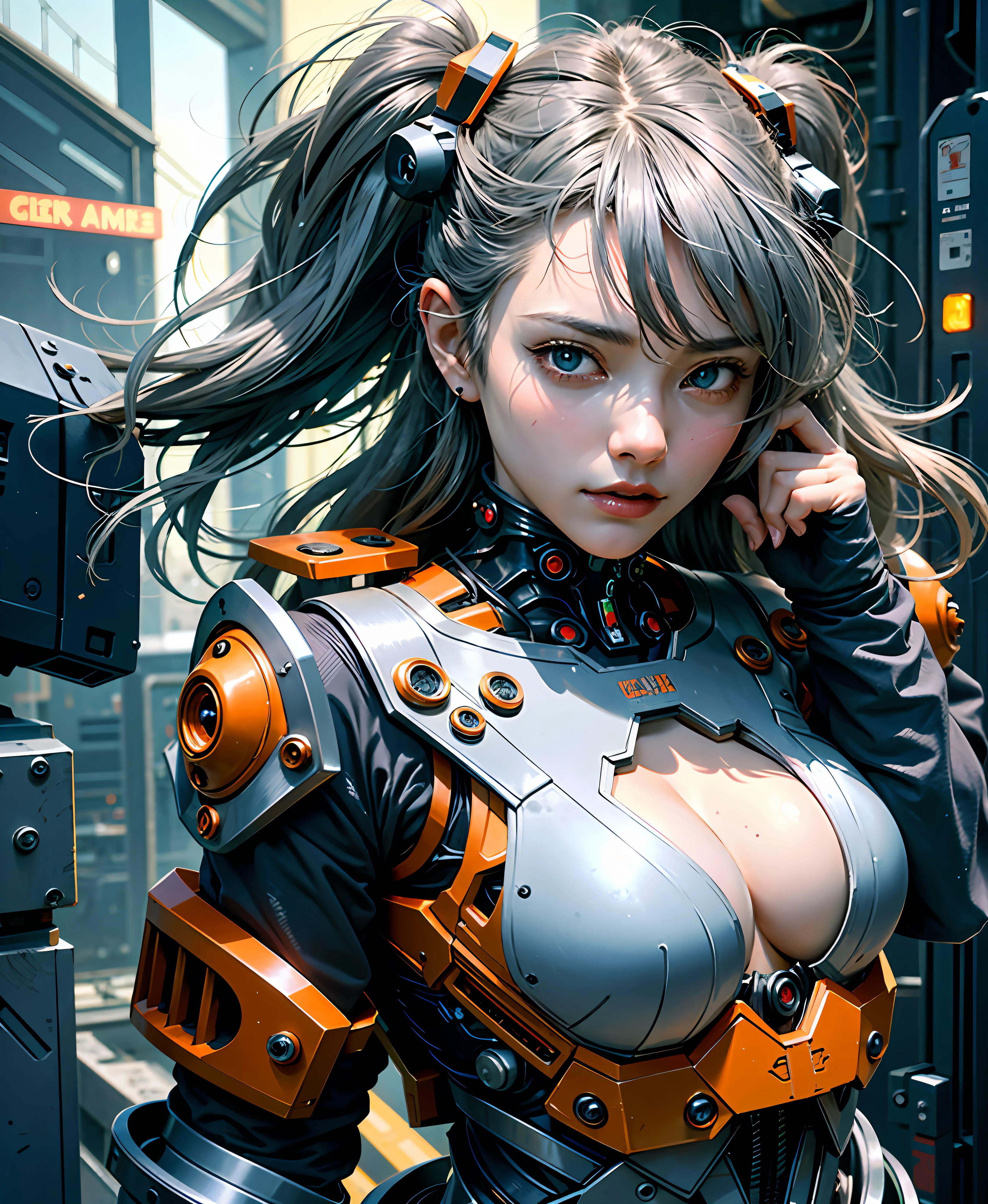 Gray hair, long fluttering hair, strong wind, orange eyes, shining eyes, evangelion girl, big, face and breasts raw, cleavage visible. Photoreal, Portfolio, Evangelion Inspired Metal Mech Suit, Cyberpunk, Metallic, Detailed Mech Parts, Bundle of Thin Tubes, Metal Cylinder, Detailed Neon, Fine LED, Detailed Parts