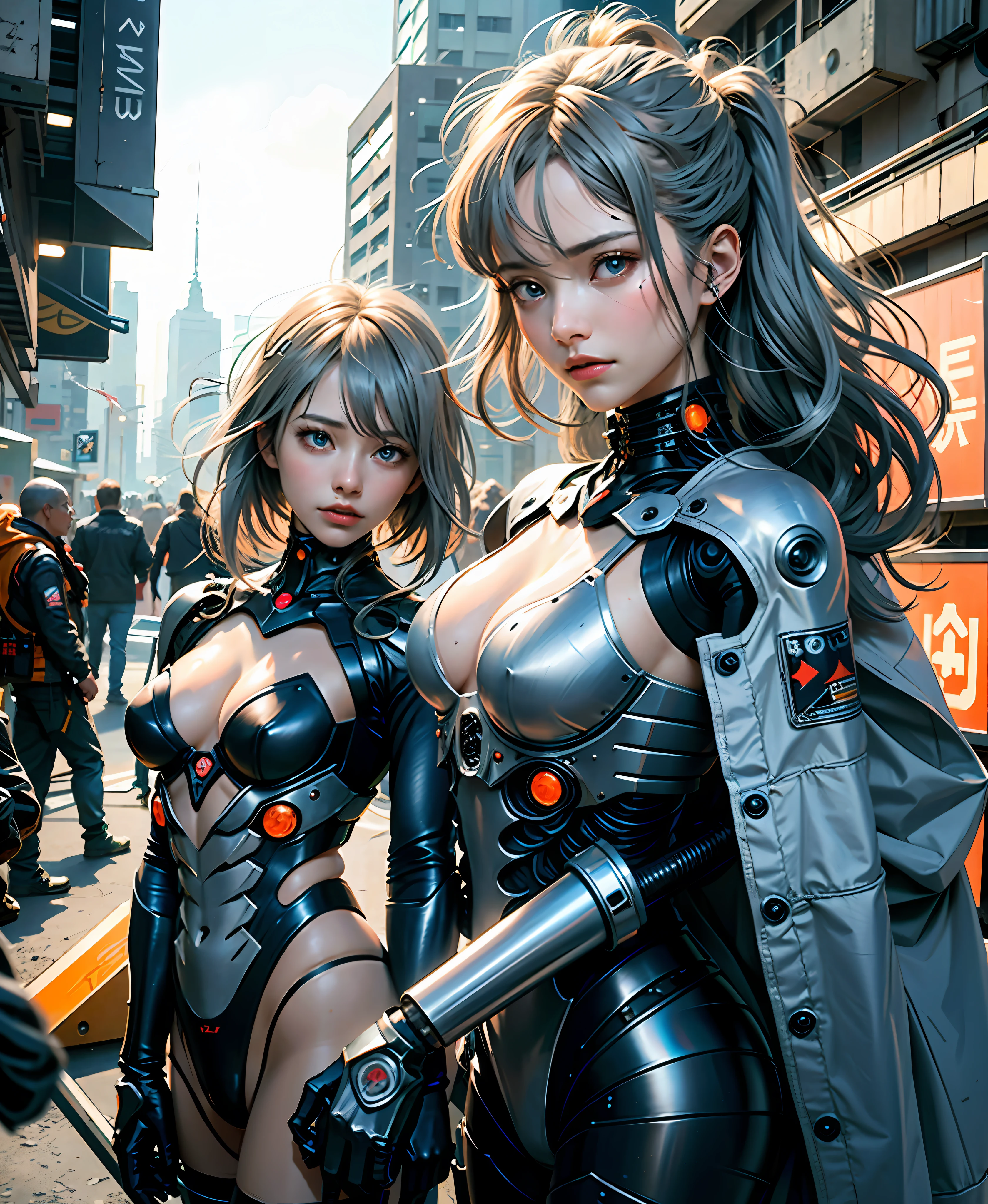 Gray hair, long fluttering hair, strong wind, orange eyes, shining eyes, evangelion girl, big, face and breasts raw, cleavage visible. Photoreal, Portfolio, Evangelion Inspired Metal Mech Suit, Cyberpunk, Metallic, Detailed Mech Parts, Bundle of Thin Tubes, Metal Cylinder, Detailed Neon, Fine LED, Detailed Parts