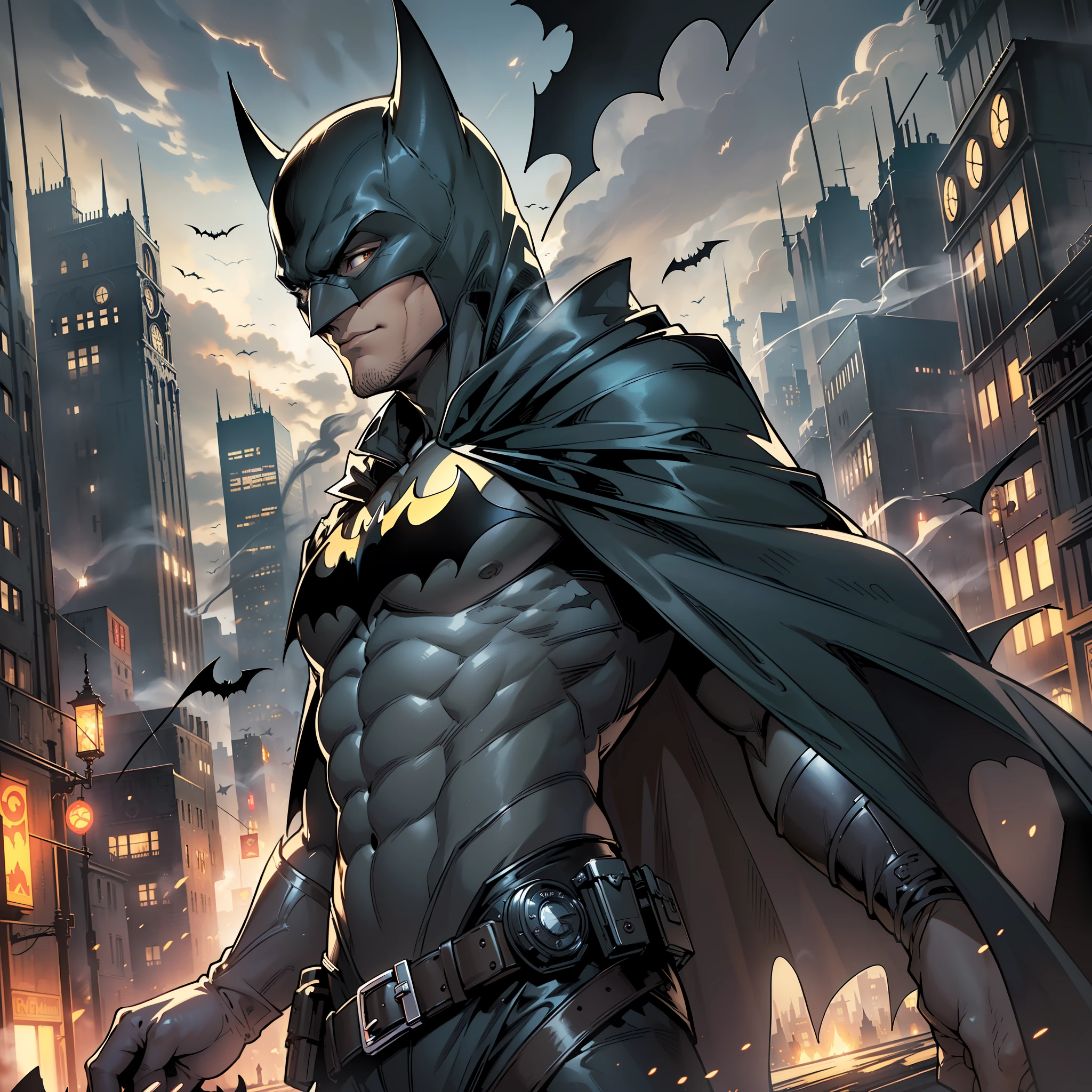 (extremely detailed CG unity 8k wallpaper,masterpiece, best quality, ultra-detailed),(dark illumination,queimado {burned} style, dynamic pose, batman's face, dynamic cape, Gotham city in the background, smoke, wind, Volumetric light):1.2. --auto --s2