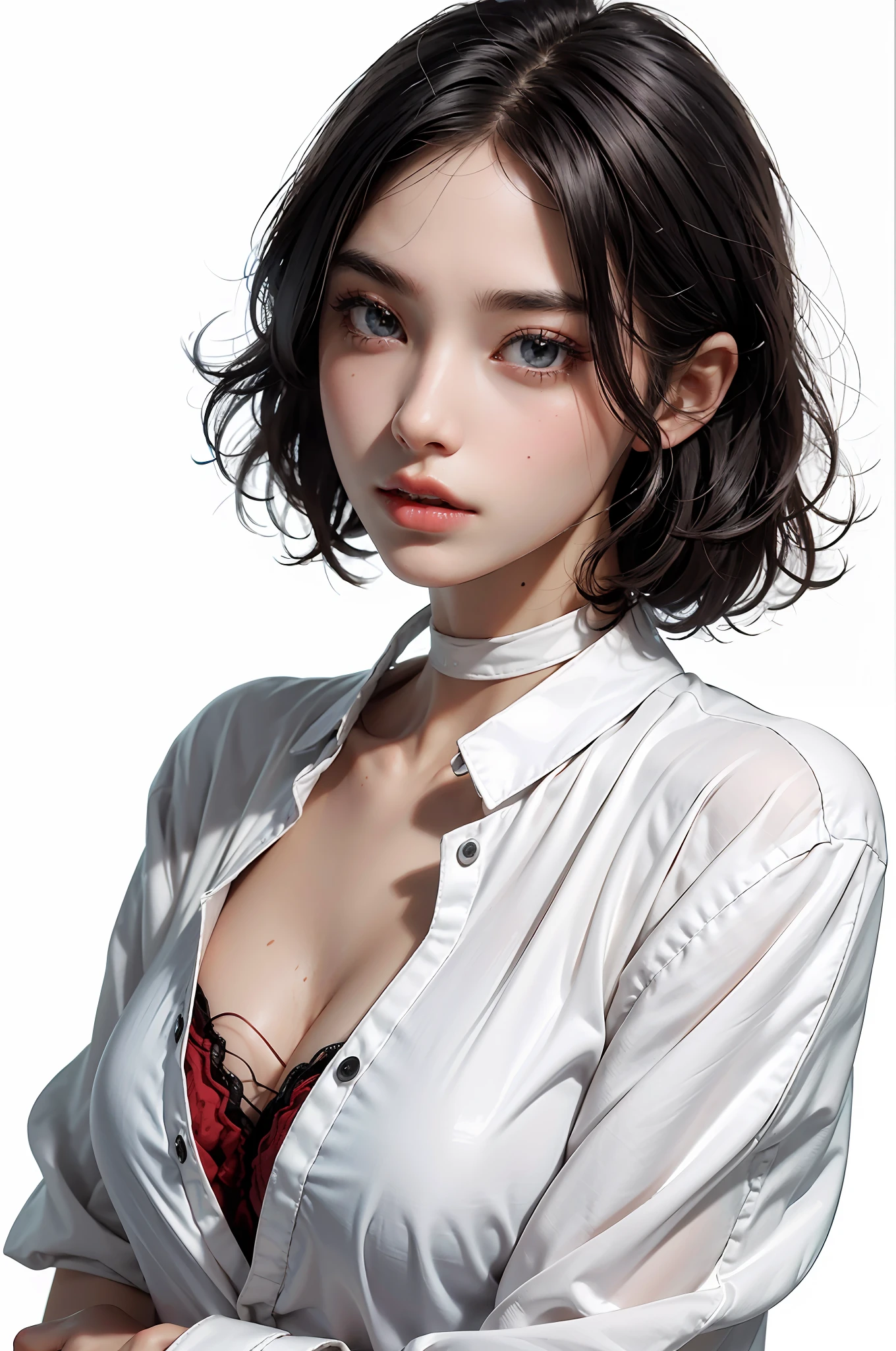 Top Quality, White Skin, Real Human Skin, (Detailed), Oval Face, Pore, Ultra High Resolution, (8k, RAW Photography, Photorealistic: 1.4), One Woman, Slim, (Gentle and Goddess-like Eyes) Happiness: 1.2), (Lip Gloss, Eyelashes, Distinct Double, Clear Eyes, Gloss Face, Best Quality, Ultra High Definition, Wide Lighting, Natural Shading) , Oversized Jacket, Fashion Shirt, White Background, Light Background, Big Breasts, Gloss on Chest, Gloss on Face, Gloss on Skin, Glossy Skin, Fresh Breeze, Straight Hair, Short Bob Hair, Long Neck, Choker