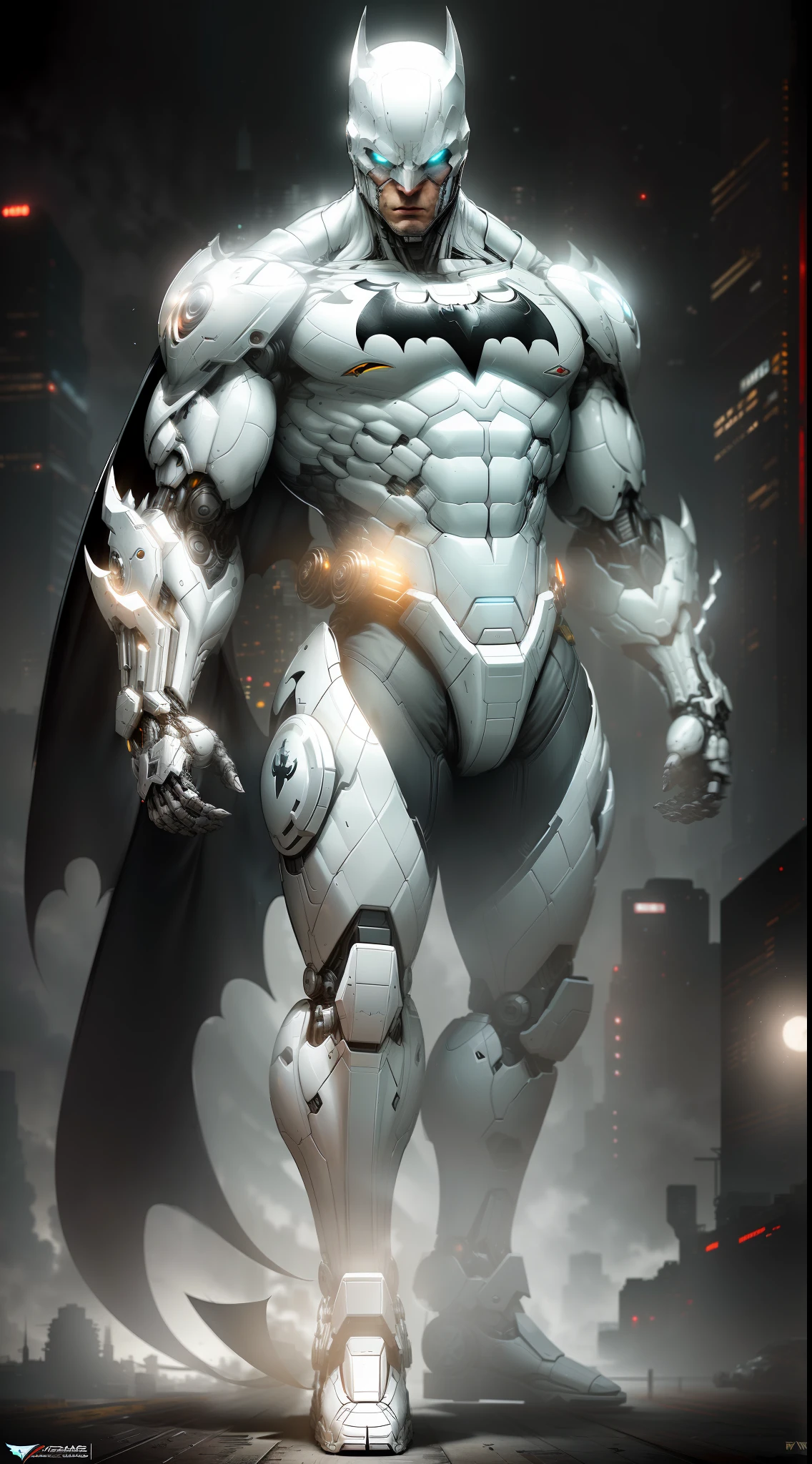 White Batman from DC photography, biomechanical, complex robot, full growth, hyper-realistic, insane small details, extremely clean lines, cyberpunk aesthetic, a masterpiece featured on Zbrush Central