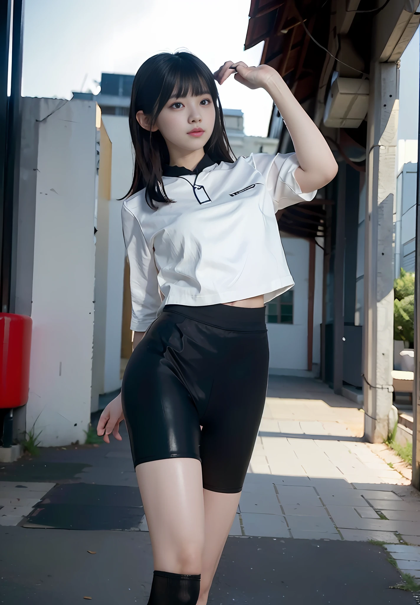 masterpiece, masterpiece, best quality, best quality, real, unity, 8k wallpaper, official art, highly detailed cg unity 8k wallpaper, ulzzang-6500, one girl, cute, professional lighting, ((glossy, long black spandex shorts: 1.37)), long hair, uniform, pleated skirt, random posture, (original: 1.2), (real: 1.4), super detailed, High resolution、ultra detail,amazing, fine detail, cinematic lighting, simple costumes, detailed clothing textures. (8k, RAW photo, highest quality, masterpiece: 1.27), (realistic, photorealistic: 1.37), physically based rendering, handsome, masterpiece, highest quality, high resolution,
