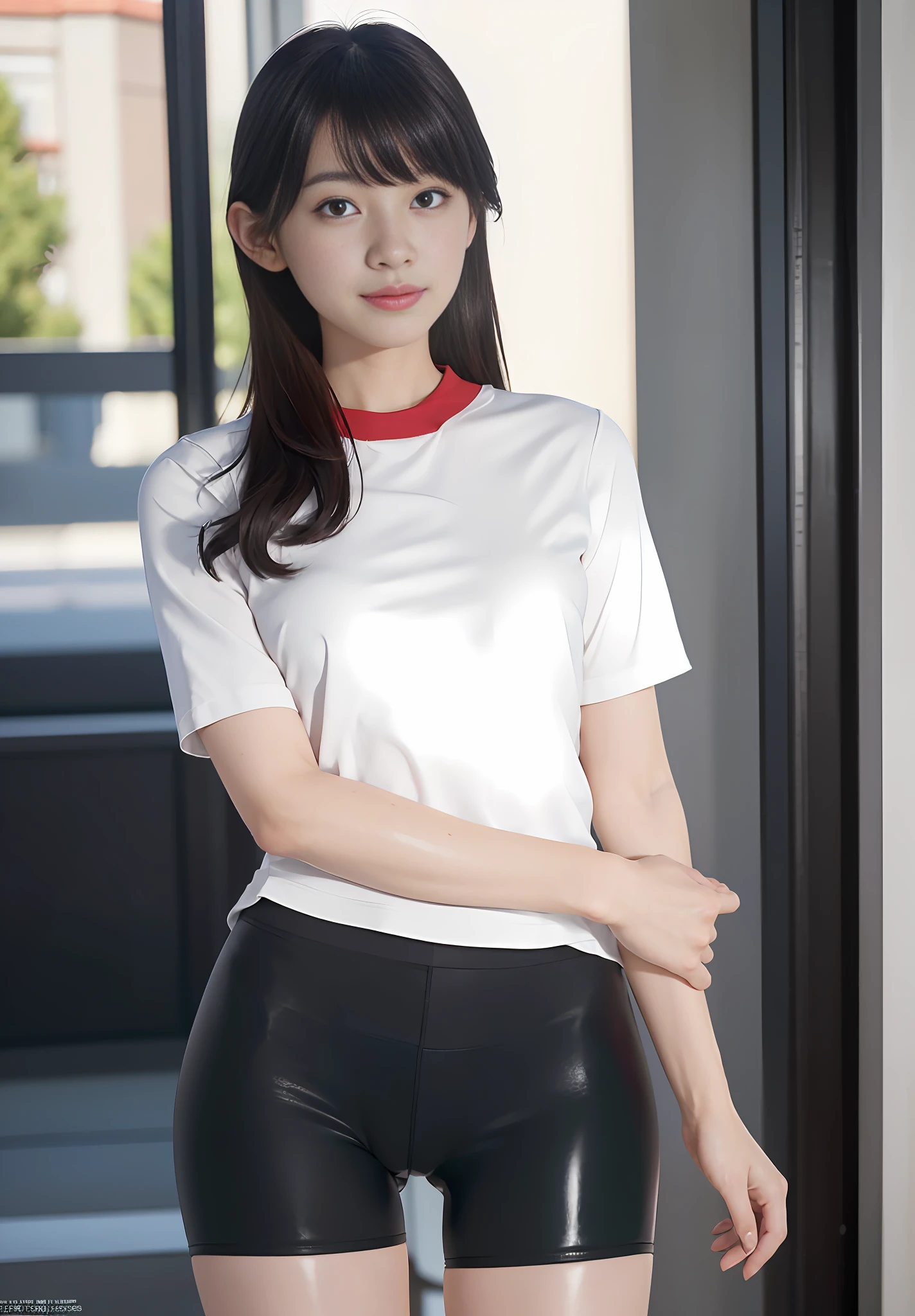 masterpiece, masterpiece, best quality, best quality, real, unity, 8k wallpaper, official art, highly detailed cg unity 8k wallpaper, ulzzang-6500, one girl, cute, professional lighting, ((glossy, long black spandex shorts: 1.37)), long hair, uniform, pleated skirt, random posture, (original: 1.2), (real: 1.4), super detailed, High resolution、ultra detail,amazing, fine detail, cinematic lighting, simple costumes, detailed clothing textures. (8k, RAW photo, highest quality, masterpiece: 1.27), (realistic, photorealistic: 1.37), physically based rendering, handsome, masterpiece, highest quality, high resolution,