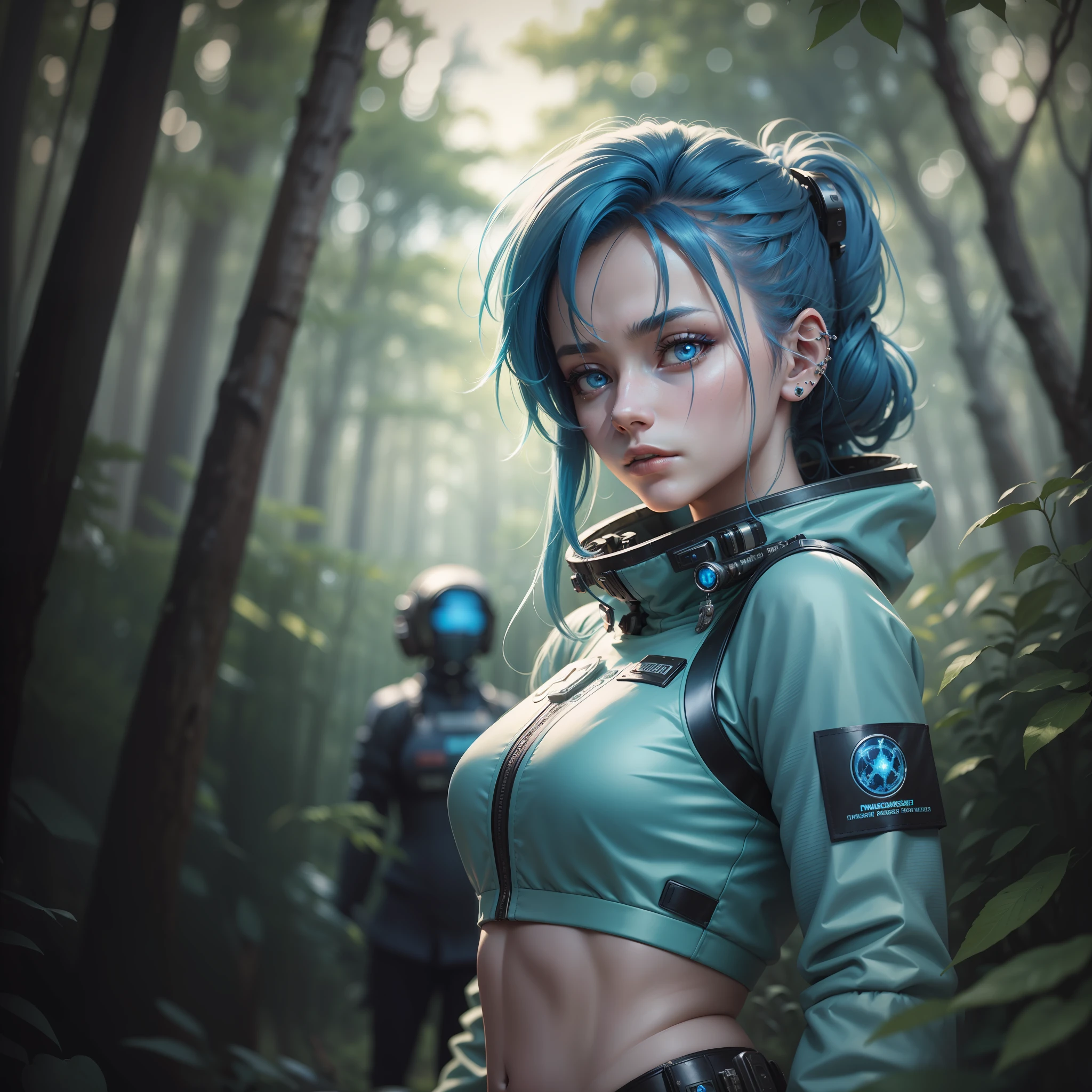 ((masterpiece 1.2)), high details, cyber punk, meditation position, wearing space suit, woman with piercing gaze, blue hair, set in forest with abandoned buildings, depth of field, (4K), cinema, dramatic lighting, deep shadows, (intense HDR), canon lens, sparkle, textured
