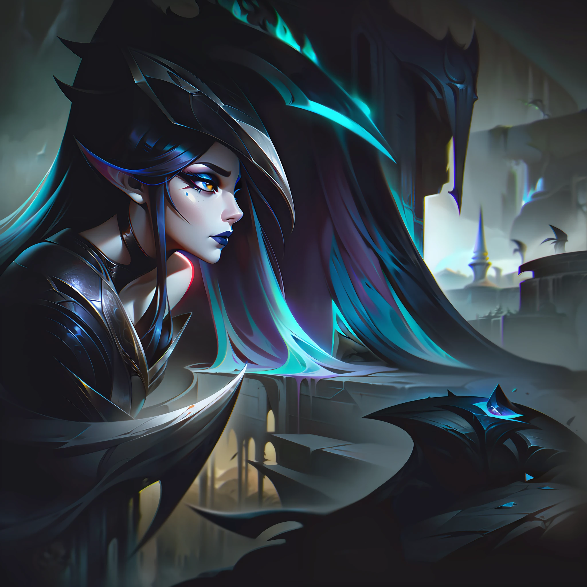 League Of Legends, a woman with four monstrous eyes with black mucous fluid she is wearing a black wedding dress with a back veil with ethereal and beautiful texture, she is sitting with an agonizing face on a rock above a field of rotten and dry grass of matte and dark colors, with metal and platinum accessories and gleaming with perfect and prestigious shading,  splashart, body lines, vibrant colors, exquisite details, cinematic, artstation, detailed face, by rossdraws, by Kienan Lafferty