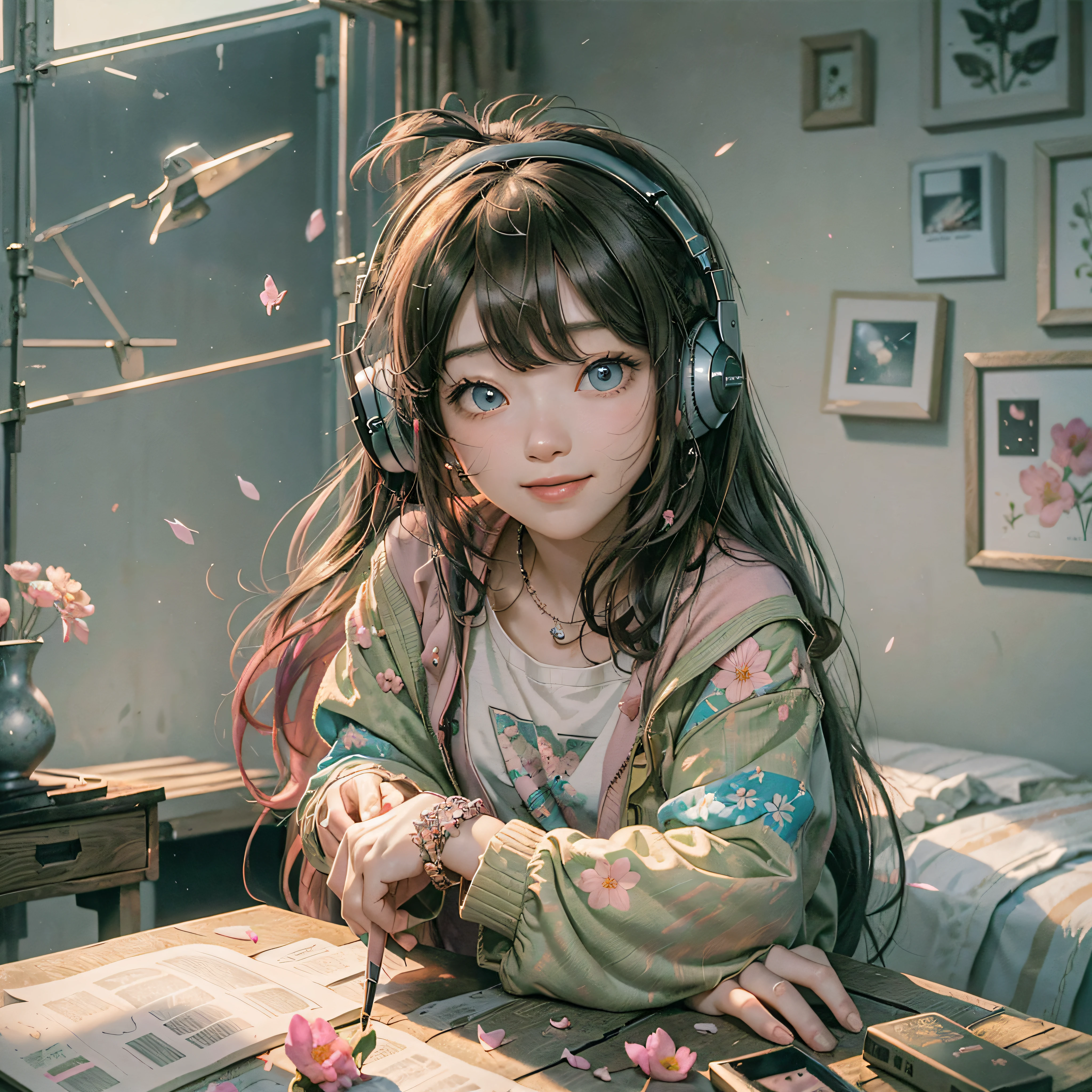 Masterpiece, best quality, (very detailed CG unit 8k wallpaper) (best quality), (best illustration), (best shadows) Delicate nature leaves Rainbow color petals falling in the air light Tracking, two boats, running super detailed flower (masterpiece), (best quality), (ultra-detailed), (full body: 1.2), 1girl, chibi, cute, smile, dream, lo-fi, bedroom,led rgb, listening to music, phone,  music, jacket, blush, : 3, shirt, long hair, vibrant colors, pink headwear, blurry, black hair, blush stickers, long sleeves, bangs, headphones, pink flower, (beautiful detailed face), (beautiful detailed eyes), --auto --v6 --s2