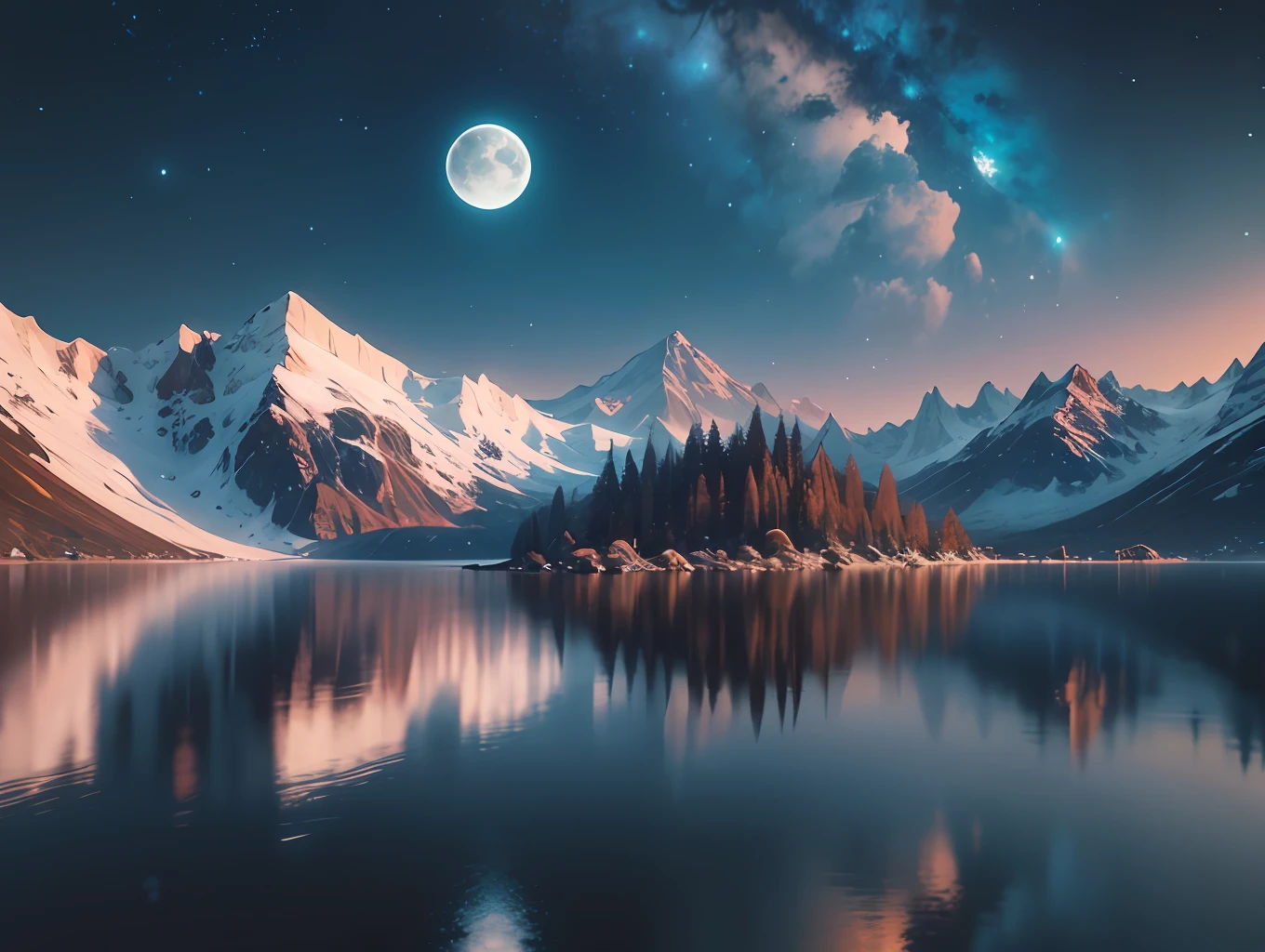 mountains and a lake with a moon in the sky, 4k highly detailed digital art, 4k hd very detailed wallpaper, stunning fantasy landscape, sci-fi fantasy desktop wallpaper, unreal engine 4k wallpaper, 4k detailed digital art, sci-fi fantasy wallpaper, epic landscape of dreamlike fantasy, 4k hd matte digital painting, 8k stunning art, relief in painting --auto --s2