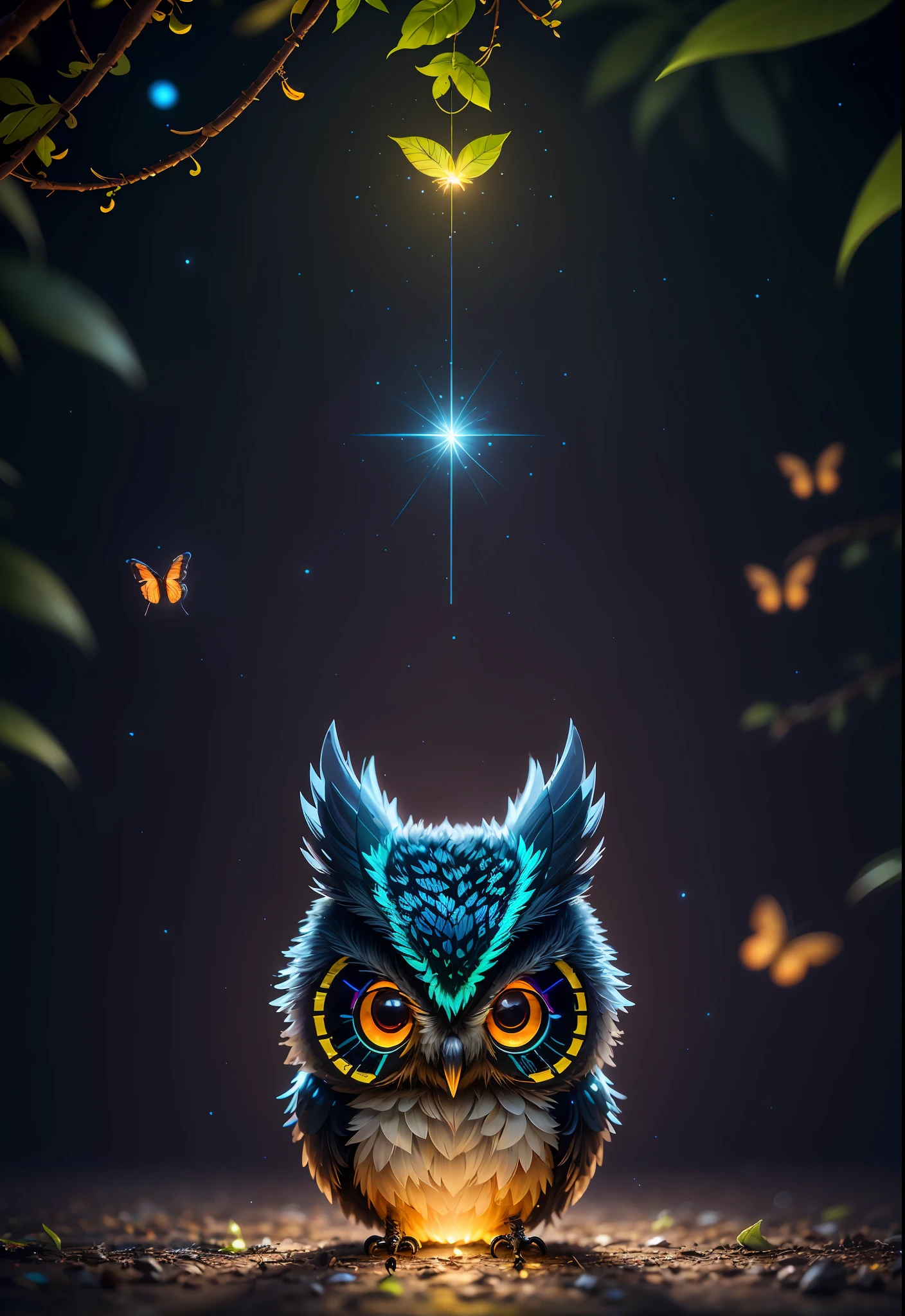 Masterpiece, best quality, extremely beautiful reflection, best reflection. (Very detailed CG unity 8k wallpaper), (best quality), (best illustration), (best shadow), a photo of a cybernetic owl, perched on barbed wire in a dark alley. His eyes are neon blue, reflecting the lights of the surrounding city. The feathers are fragmented and iridescent, and there is a wonderful code running through them. The shots used create a deformation effect, giving the impression that an owl is observing the viewer from all angles, with a forest theme with natural elements. Tall trees, quiet stream, glowing small mushrooms surrounded by delicate leaves and branches, and fireflies and glowing particle effects, (natural elements), (jungle theme), (leaves), (branches), (fireflies), butterflies, (delicate leaves), (glow), (particle effects), isometric 3D, Octane rendering, ray tracing, super detailed