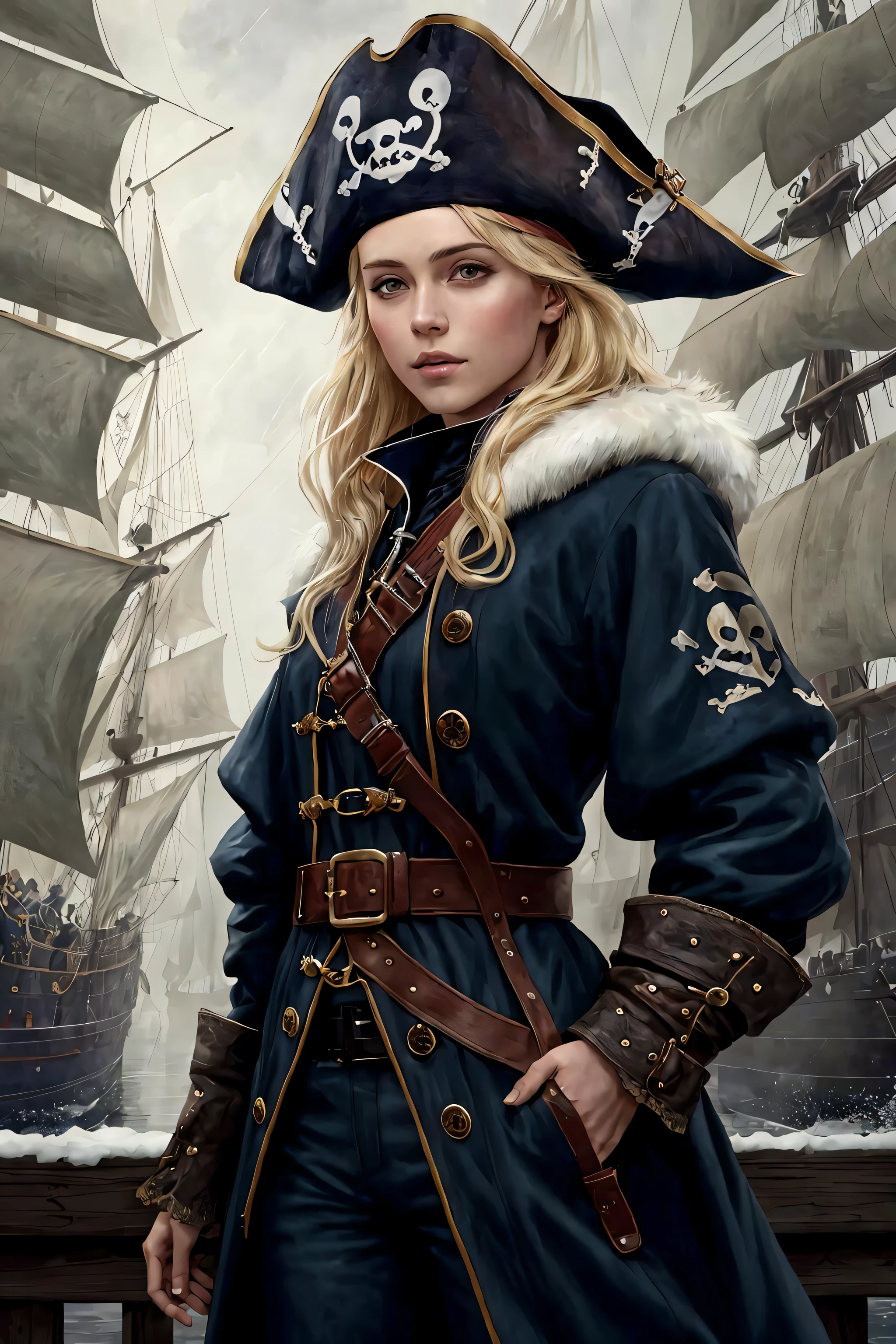 medieval (pirate:1.2) blonde girl with navy blue coat belts straps pants standing on the docks in a (crowd of sailors:1.1) leather and fur winter cold weather working beautiful cloudy sky bright morning light (foggy:1.1) (raining:1.1), (masterpiece:1.2) (illustration:1.1) (best quality:1.2) (detailed) (intricate) (8k) (HDR) (wallpaper) (cinematic lighting) (sharp focus)